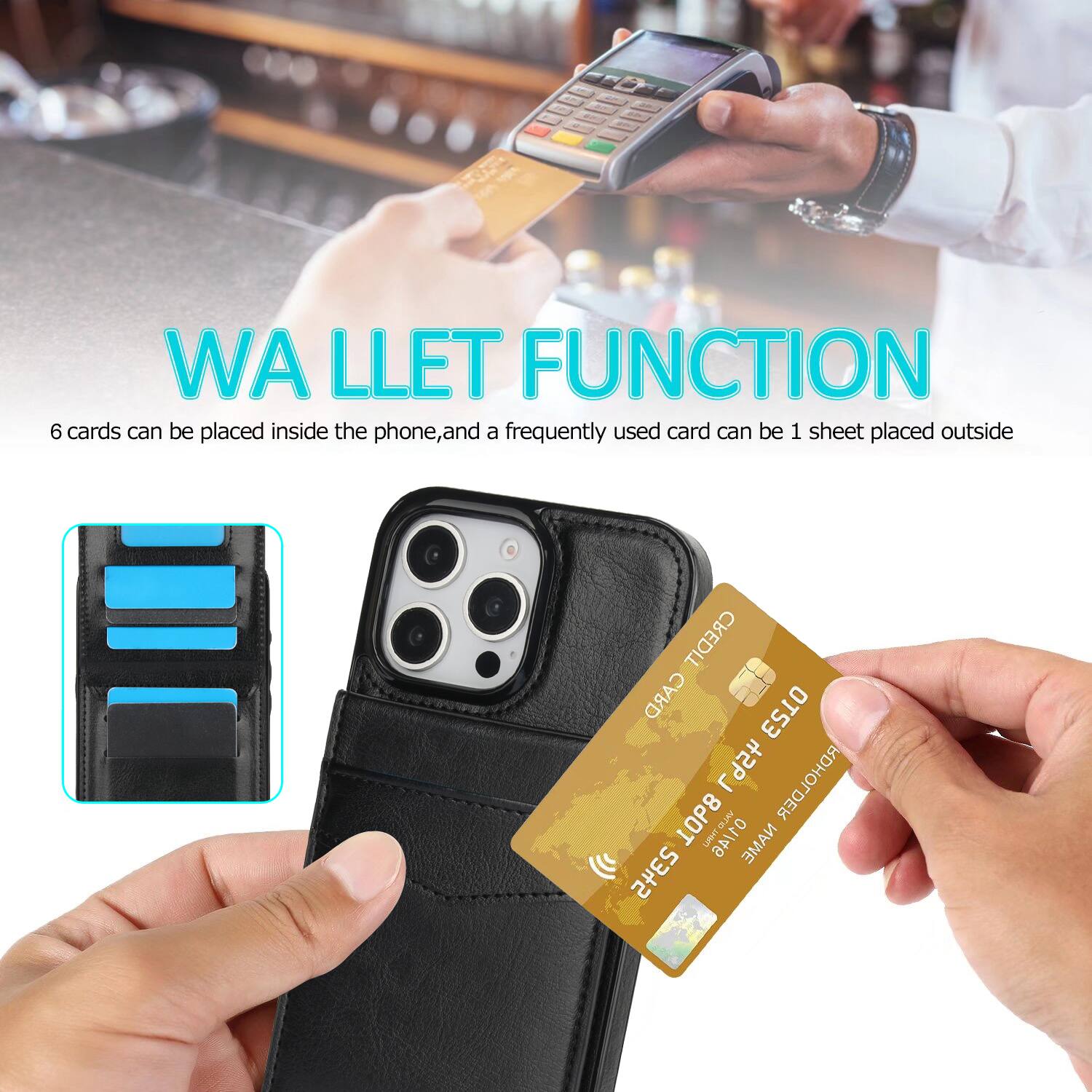 WA LLET FUNCTION  
6 cards can be placed inside the phone, and a frequently used card can be 1 sheet placed outside  
CREDIT CARD HOLDER  
10P8 ATsm LAHT ANTID NAME TEST