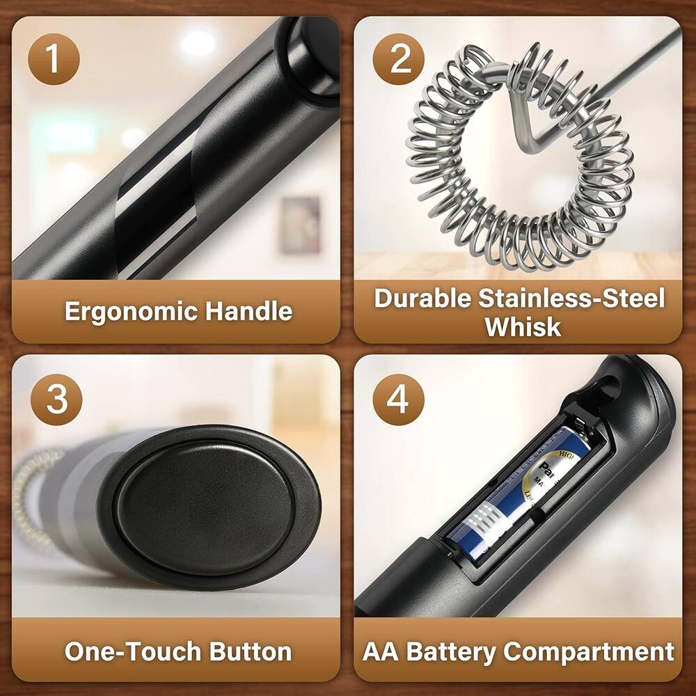 1. Ergonomic Handle  
2. Durable Stainless-Steel Whisk  
3. One-Touch Button  
4. AA Battery Compartment
