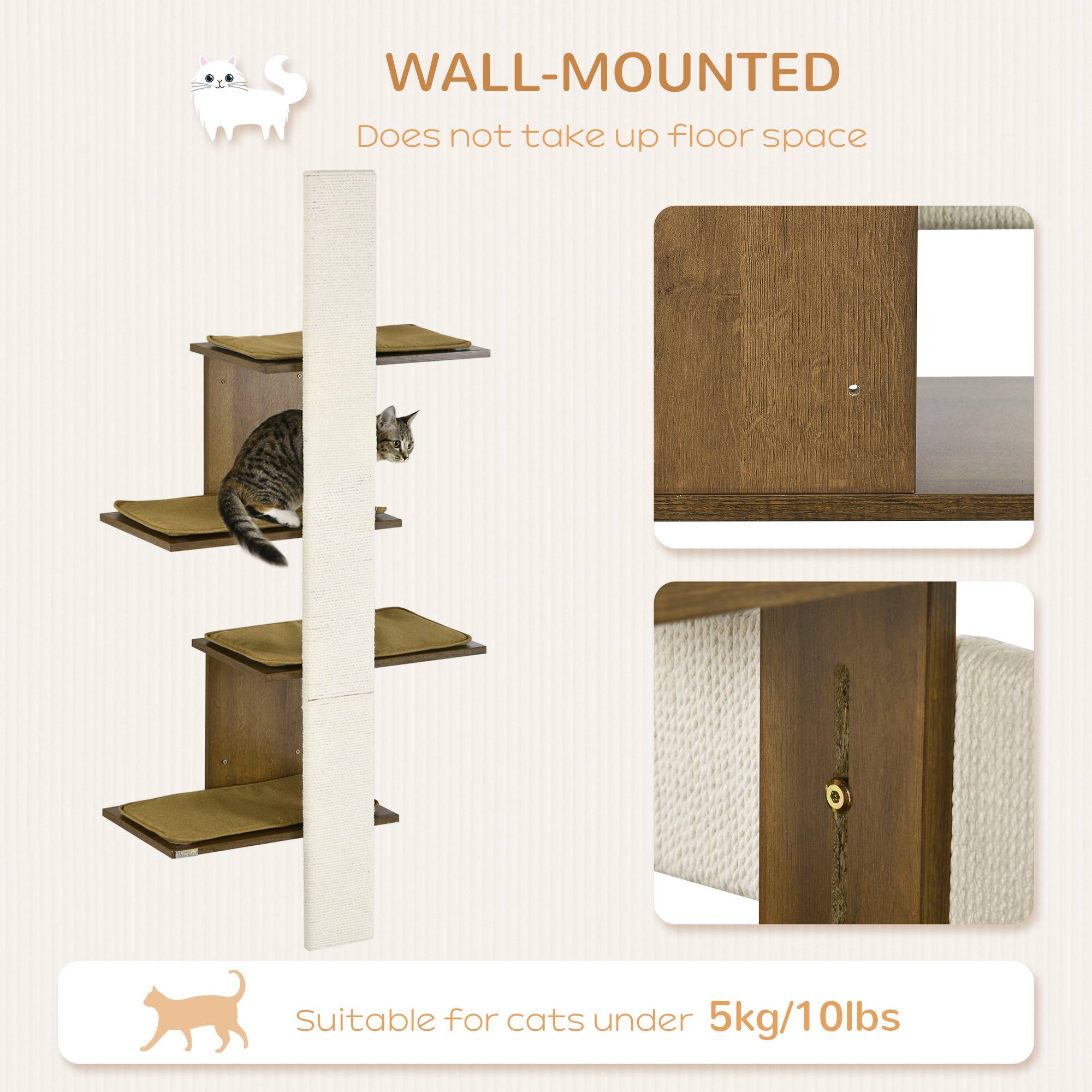 Back. Pawhut - Wall-Mounted Cat Tree, 4-Layer Cat Wall Shelves with Scratching Board, Kitten Activity Center with Cushions - Natural wood finish.