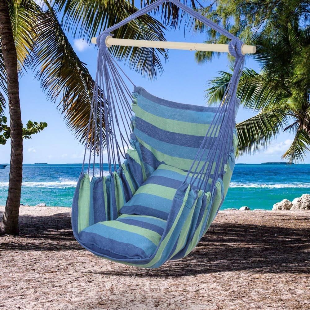 Alt View 3. Winado - Hammock Chair Hanging Rope Swing, Macrame Hammock Swing Seat with 2 Cushions, Portable Steel Spreader Bar for In/Outdoor - Blue Stripes.