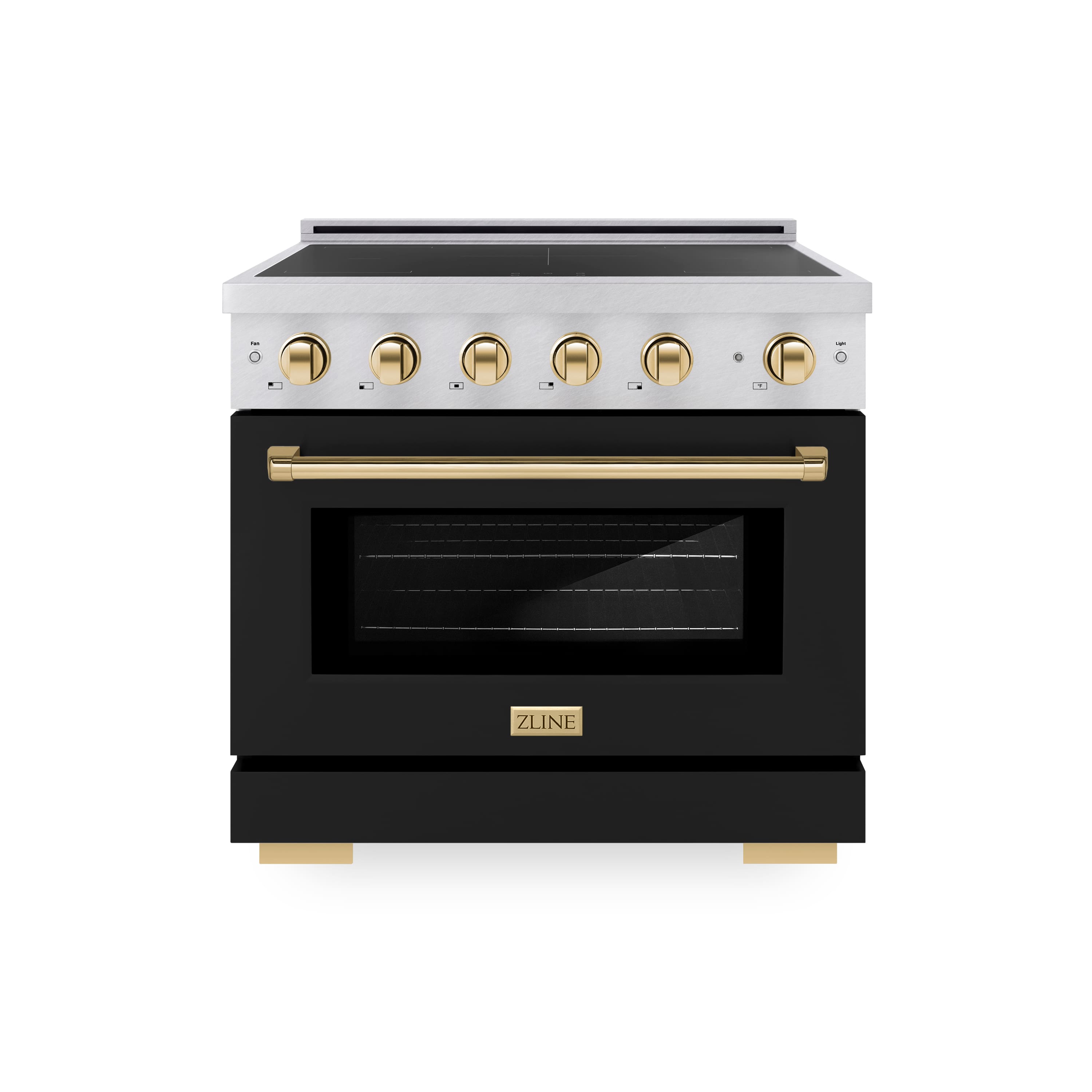 Front. ZLINE - Autograph 36 in. 5.2 cu. ft. Paramount Freestanding Induction Range in Satin Steel with Gold Accents & Black Door - Matte Black.