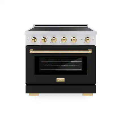 Front. ZLINE - Autograph 36 in. 5.2 cu. ft. Paramount Freestanding Induction Range in Satin Steel with Gold Accents & Black Door - Matte Black.