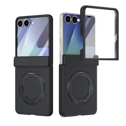 Front. Dteck - For Samsung Galaxy Z Flip 7 Rugged Case With Screen Protector, Shockproof Magnetic Ring Stand Hinge Protection Cover - Black.