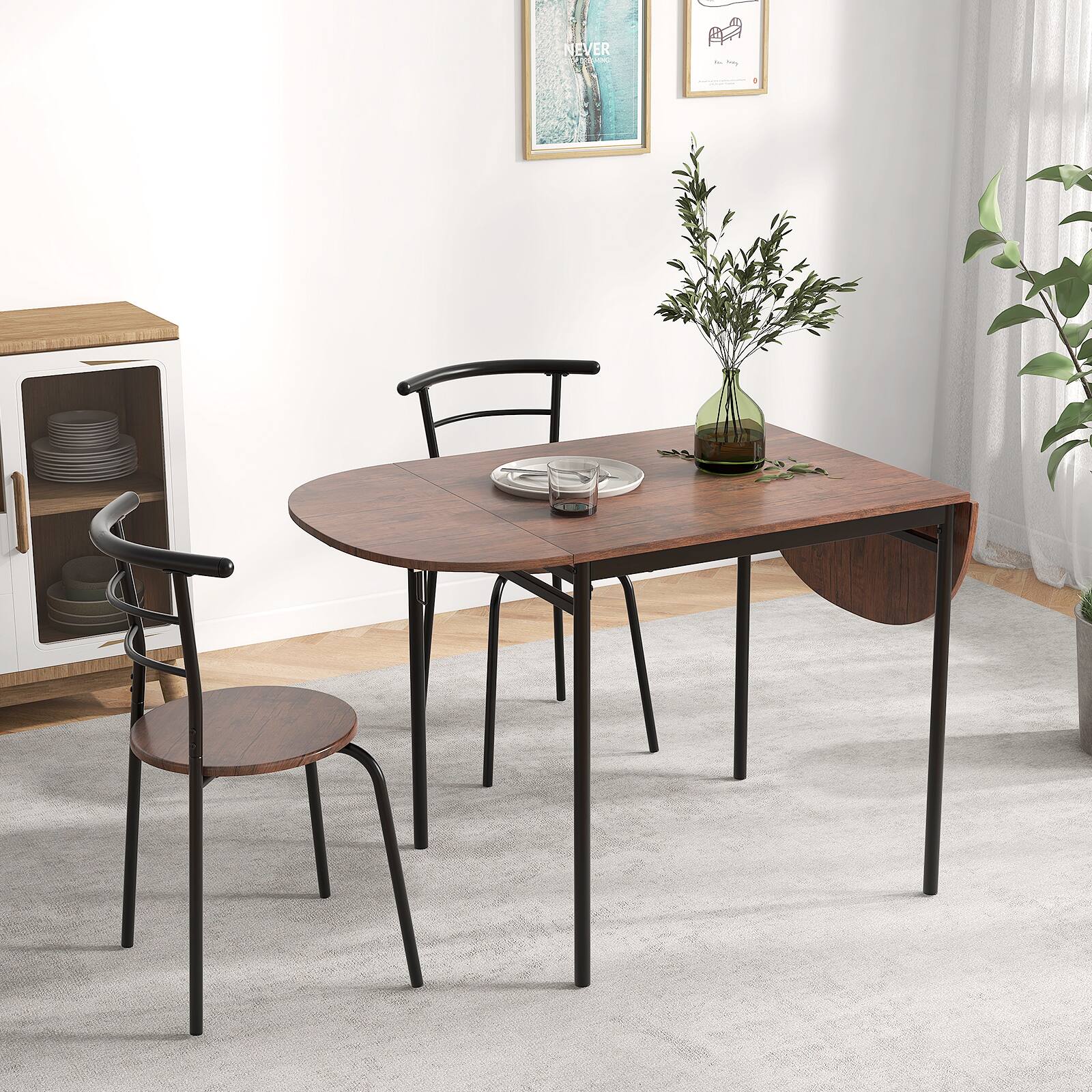 Alt View 3. Gymax - Gymax 3 Pcs Foldable Dining Table Set w/ 2 Chairs Industrial Oval Corner Dining Set - Rustic Brown, Black.