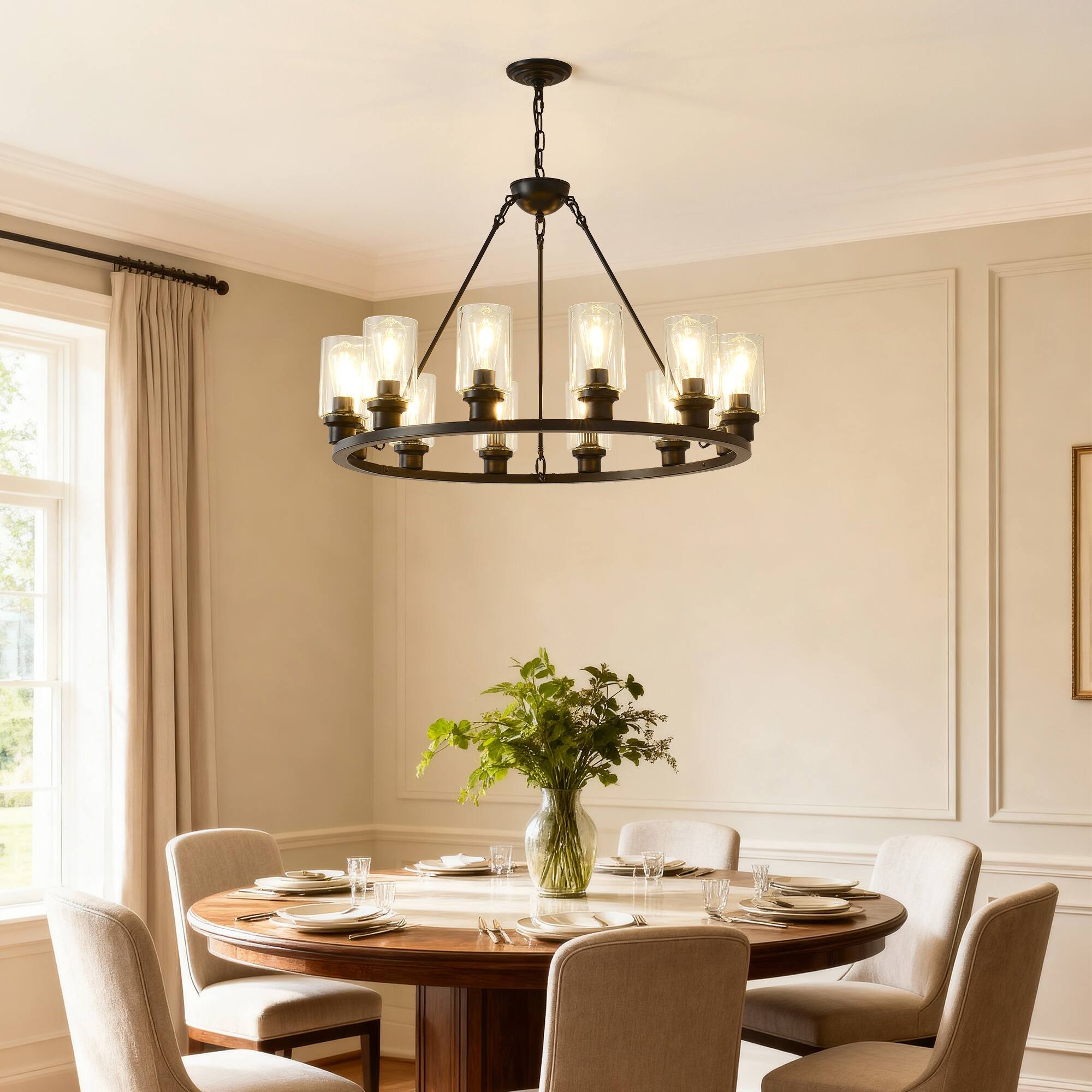Alt View 2. Boyel Living - Black Wagon Wheel Chandelier 31.5 Inch Modern Farmhouse Glass Pendant Light 12 Light Ceiling Hanging Lighting Fixtures.