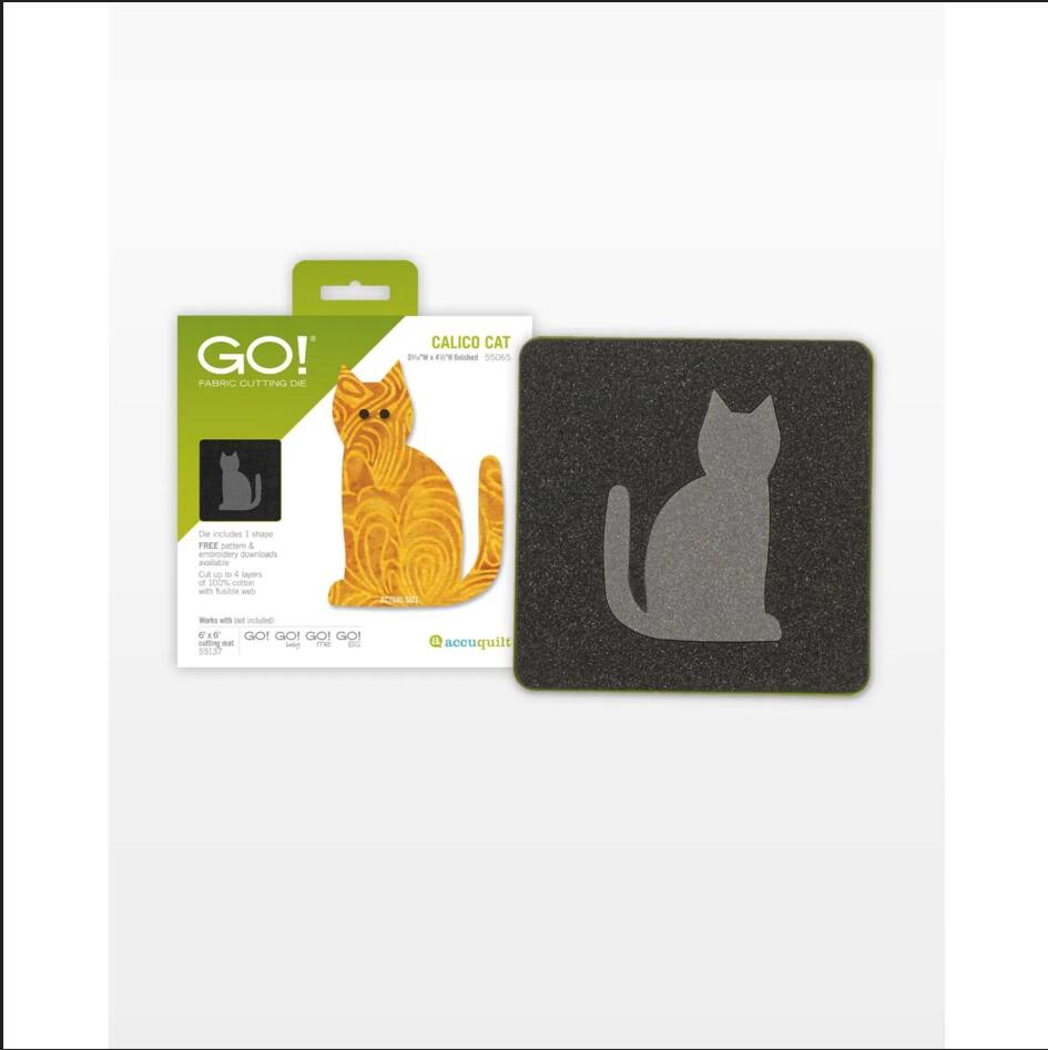 GO! FABRIC CUTTING DIE  
CALICO CAT  
36" x 6" Fabric Die - 55065  

Includes:  
- 1 shape  
- FREE pattern & instructions  
- 4 layers of 100% cotton fabric  
- With fusible web  

Includes with kit included!  

GO! GO! GO! GO!  

acuquilt