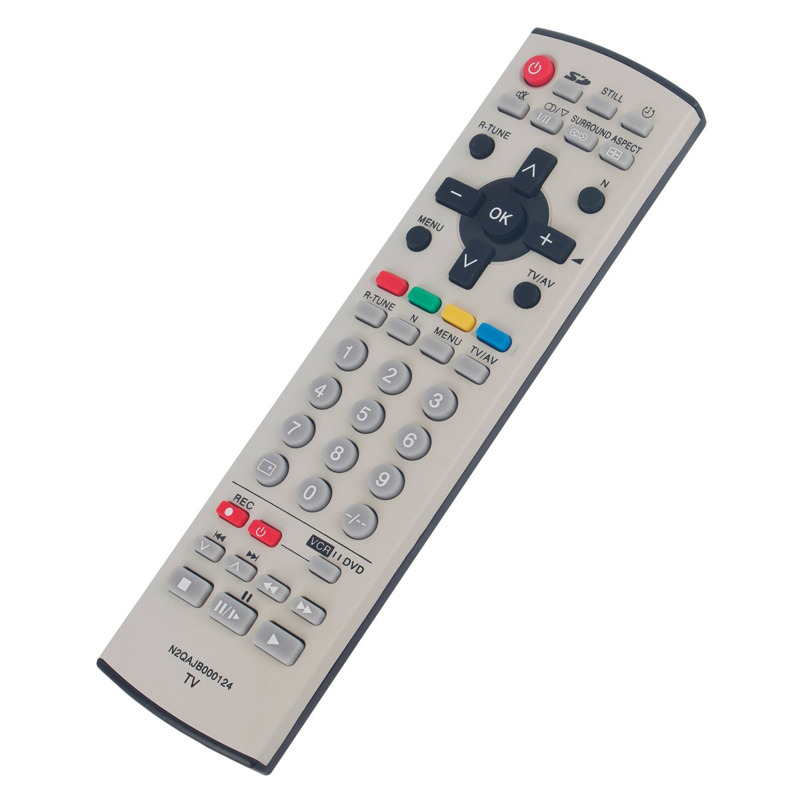 Sure, here is the corrected and grouped text from the image:

- **Top Row:**
  - dx
  - STILL
  - R-TUNE
  - TV/AV
  - SURROUND
  - ASPECT
  - N

- **Middle Row:**
  - MENU
  - OK
  - TV/AV
  - N

- **Number Pad:**
  - 1
  - 2
  - 3
  - 4
  - 5
  - 6
  - 7
  - 8
  - 9
  - 0
  - REC
  - VCR/DVD

- **Bottom Row:**
  - TV
  - N2QAJB000124

- **Color Buttons:**
  - Red: REC
  - Green: N
  - Yellow: MENU
  - Blue: TV/AV

- **Additional Buttons:**
  - Power (red button at the top)
  - Play/Pause
  - Stop
  - Rewind
  - Fast Forward