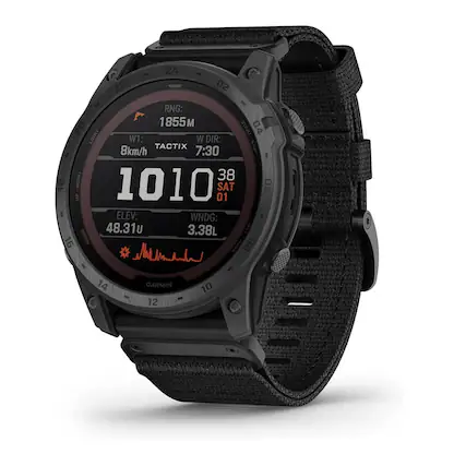 24 - 22 02 - RNG: 1855M W DIR: TACTIX W1: 8km/h 7:30 MENU 38 1010 SAT 01 ELEV: 48.31U WNDG: 3.38L 18 UP 1010 01 SAT 90 10 DOWN 80 E 14 GARMIN 10 - 12 fflt