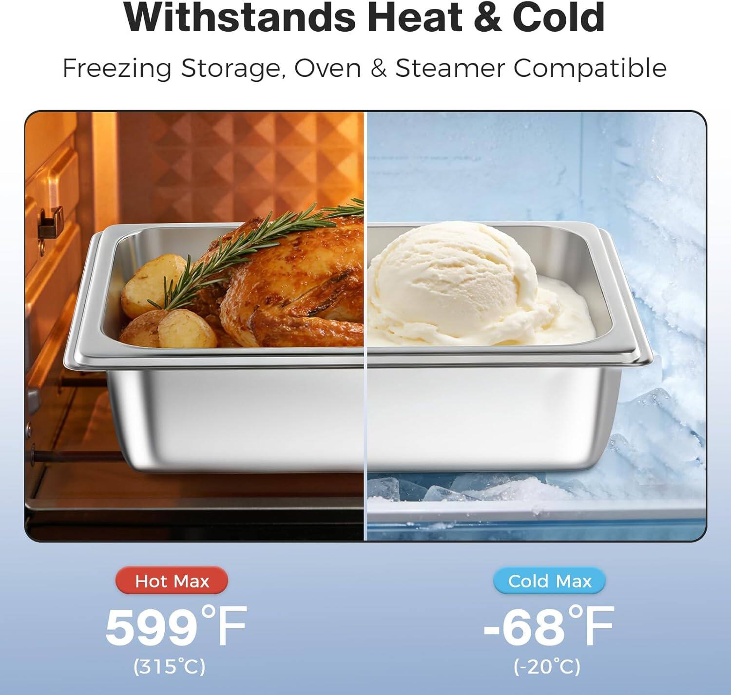 Withstands Heat & Cold  
Freezing Storage, Oven & Steamer Compatible  

Hot Max: 599°F (315°C)  
Cold Max: -68°F (-20°C)