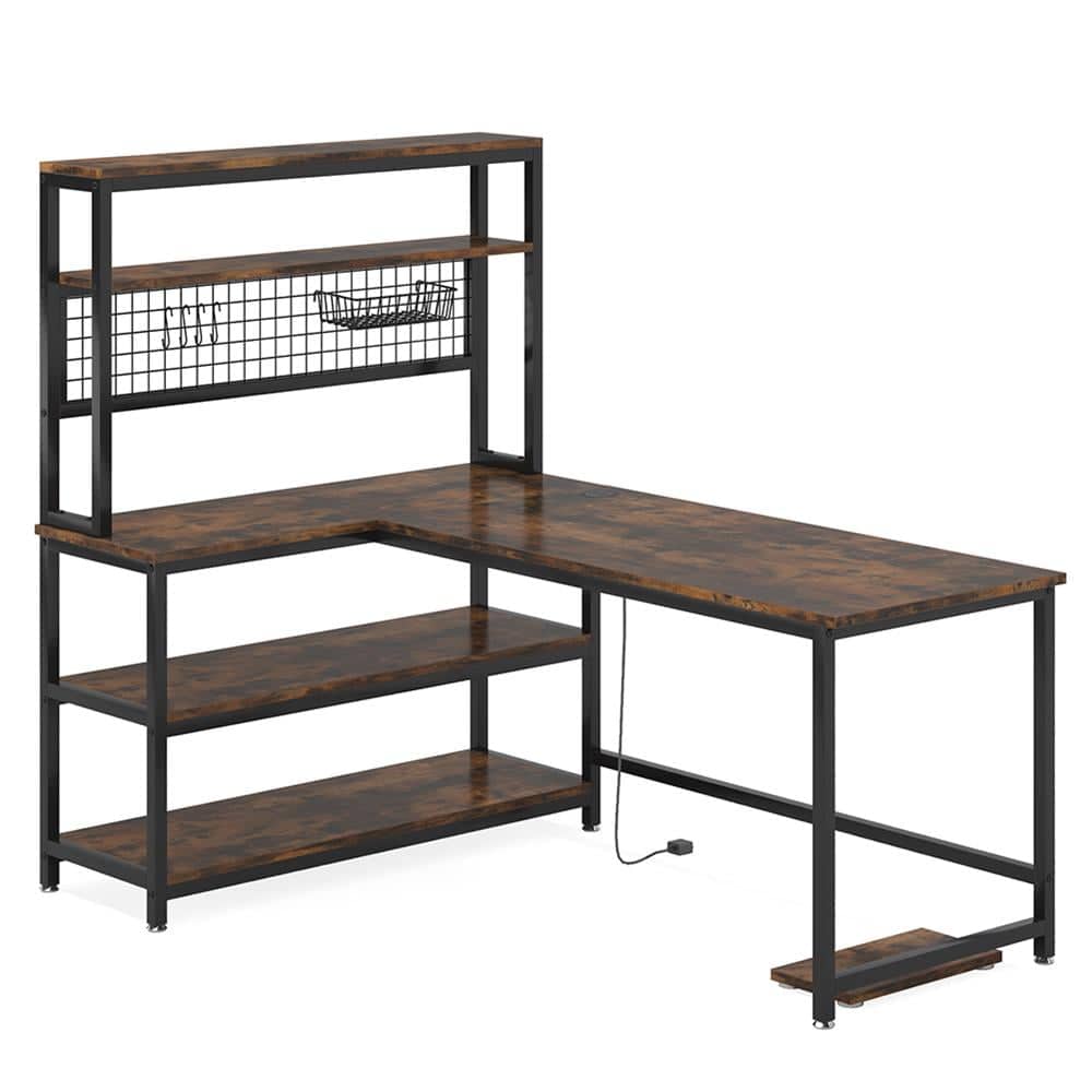 Resenkos - Kadyn Study Writing Desk, Computer Desk,55" Reversible L-Shaped Desk with Wireless Charging & Shelves - Brown