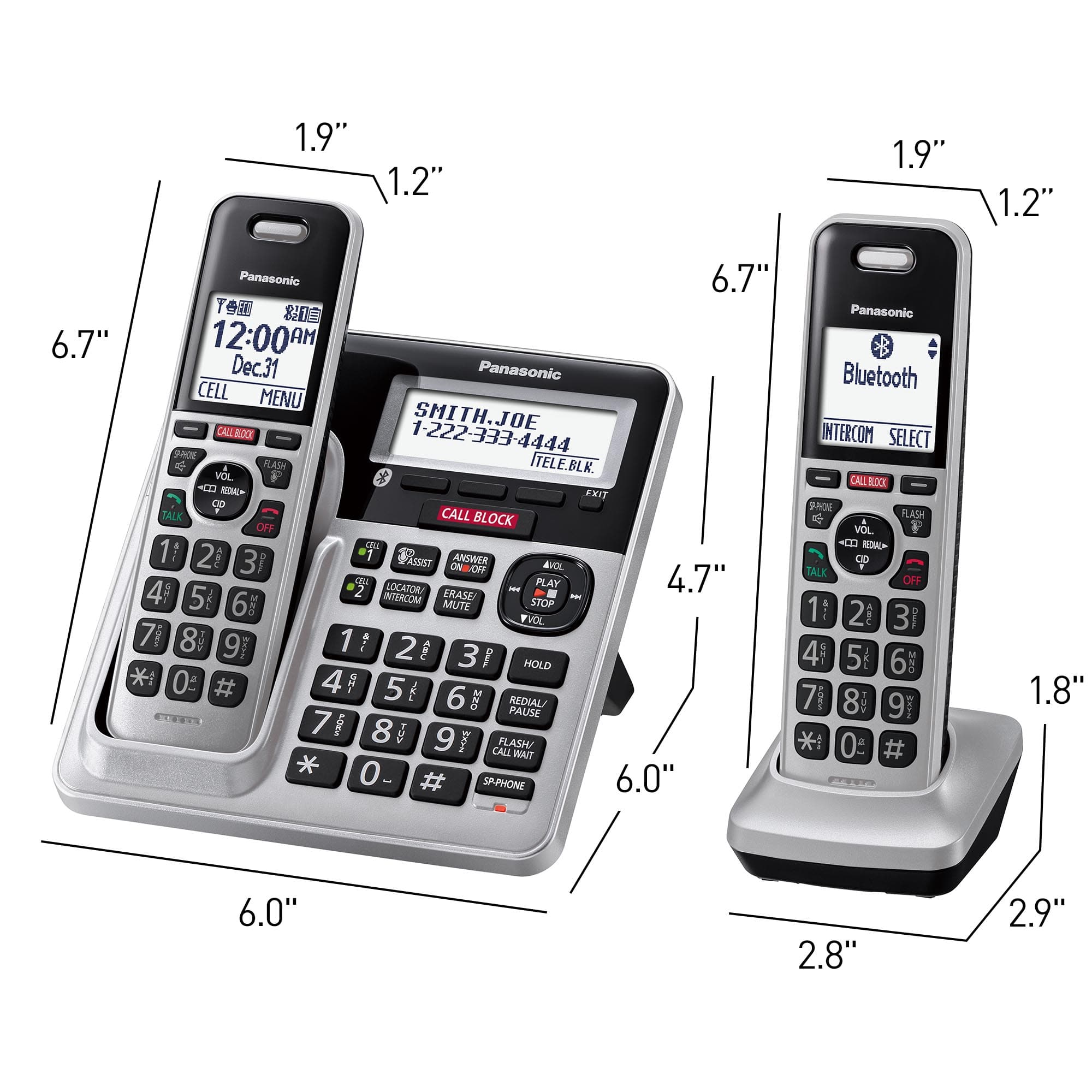 The text on the image is grouped and corrected as follows:
1.9" 1.2" 1.9" 1.2" Panasonic 6.7" T & 6.7" 12:00AM AM Dec.31 Panasonio CELL MENU SMITH.JOE CALL BLOCE 1-222-333-4444 PROE 4 PLASH TELE.BLK. VOL 8 - EXIT CD TALK CALL BLOCK OFF 1: 2 P 3 1 SASEST ANGWER Aic OM OFF 4 2 CEL LOCATOR - PLAY 4.7" 5 INTENCOM FRASE - - 6 UNO MUTE STOP FVOL 7 8 9 I 1 2 f 3 I HOLD * 0: # 4 f 5 6 220 REDIAL/ PAUSE 7 AOKe 8 9 N2 CALL FLASH/ WAIT 0 # SAPHONE 6.0" Panasonic Bluetooth INTERCOM SELECT CALL BLDCK ON FLASH VOL 0 O TALK OFF 1 2a ! 3 4 5 6 2KO 7 8 9 NO *: 0: #
The text is grouped into two sections:
1. The first section contains the dimensions of the Panasonic phone, with the numbers 1.9" and 1.2" repeated multiple times.
2. The second section contains the features and functions of the Panasonic phone, including call block, call flash, and talk off.