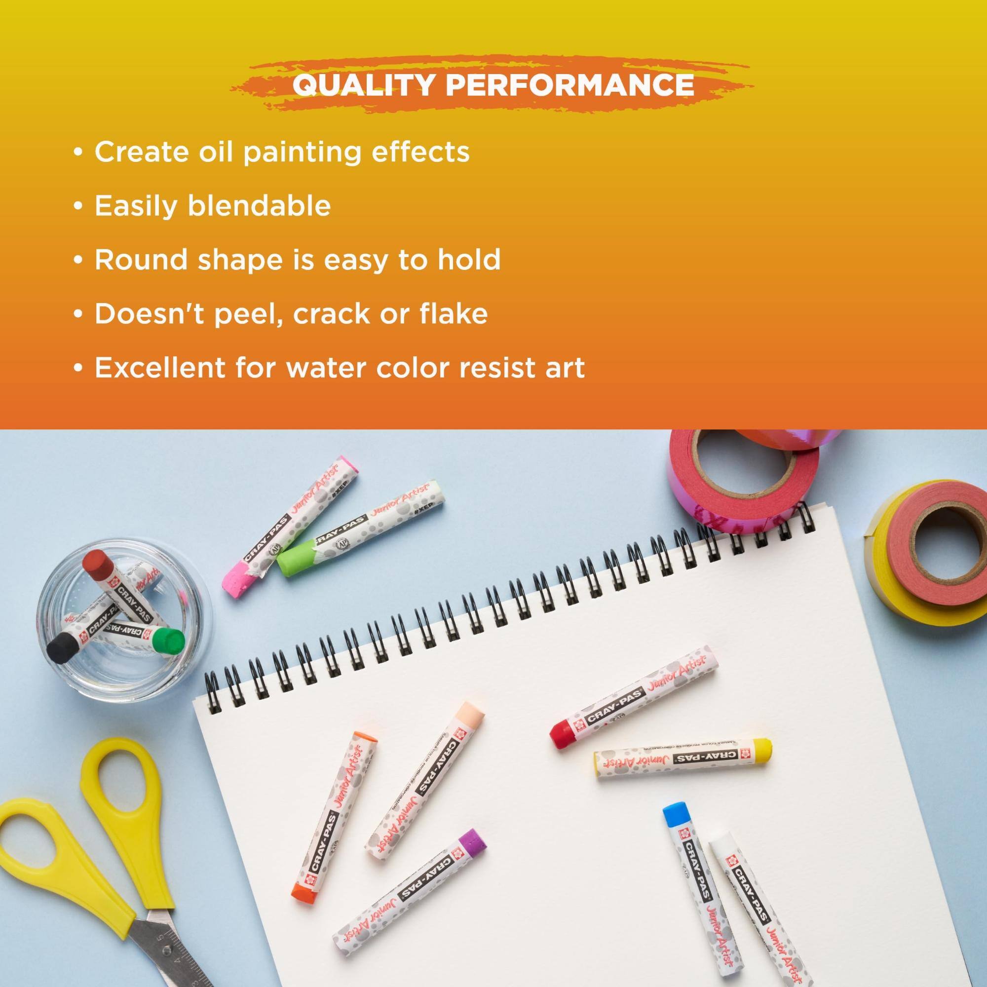 QUALITY PERFORMANCE

- Create oil painting effects
- Easily blendable
- Round shape is easy to hold
- Doesn't peel, crack or flake
- Excellent for water color resist art

CRAY-PAS
Junior Artist