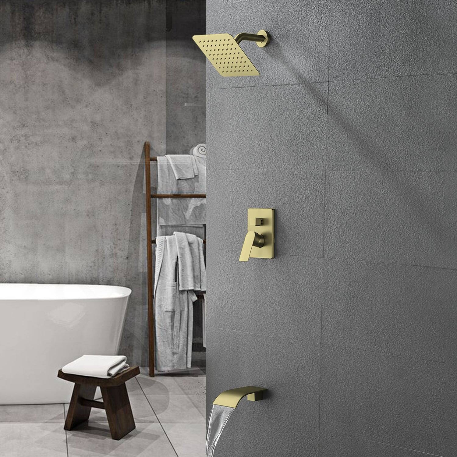 Alt View 7. Boyel Living - Single Handle 1 Spray Tub and Shower Faucet with 8 Inch Square Fixed Shower in Brushed Gold Valve Included - Brushed Gold.