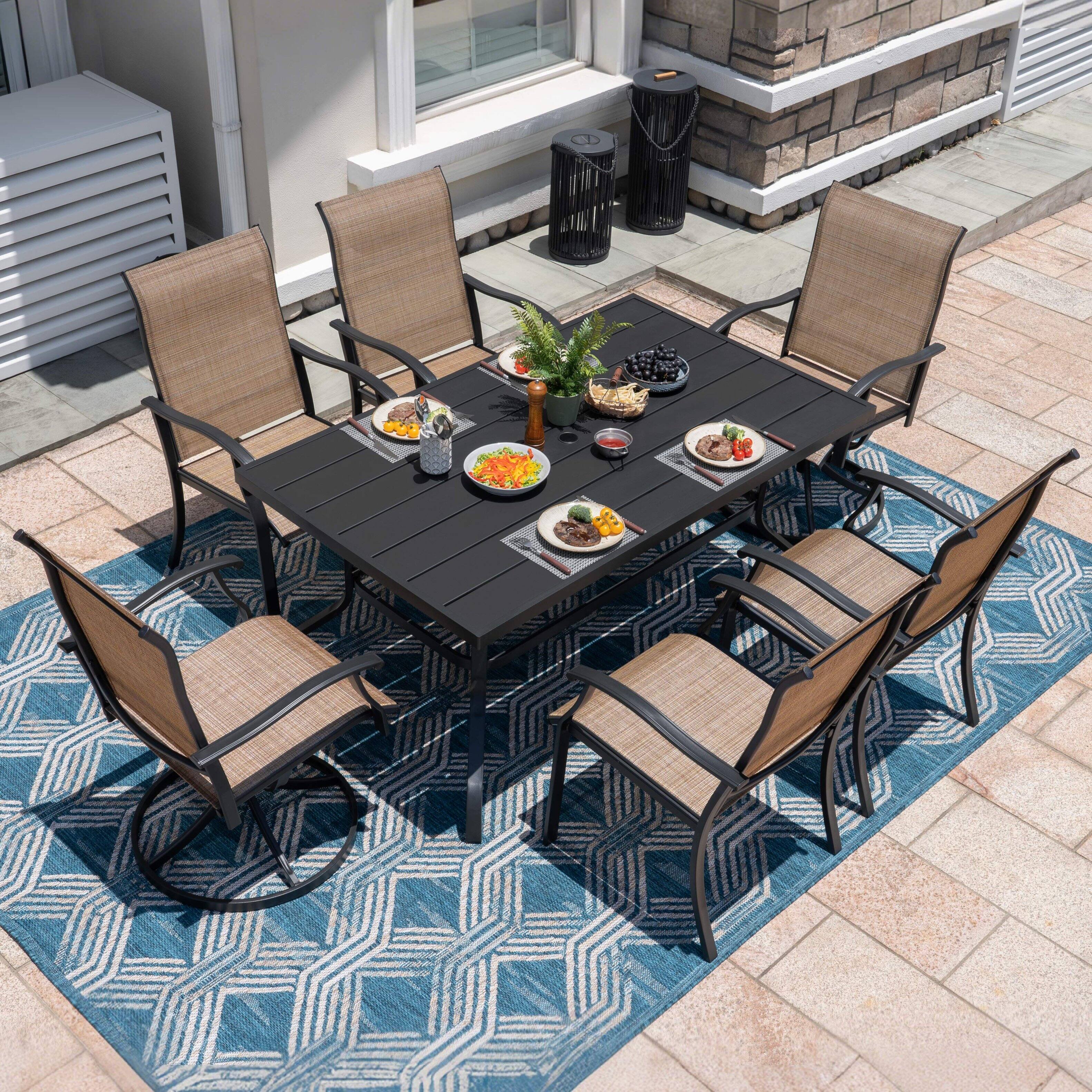 Angle. Nuu Garden - 7-Piece Patio Outdoor Textilene and Metal Dining Set with Umbrella Hole - Brown and Black.