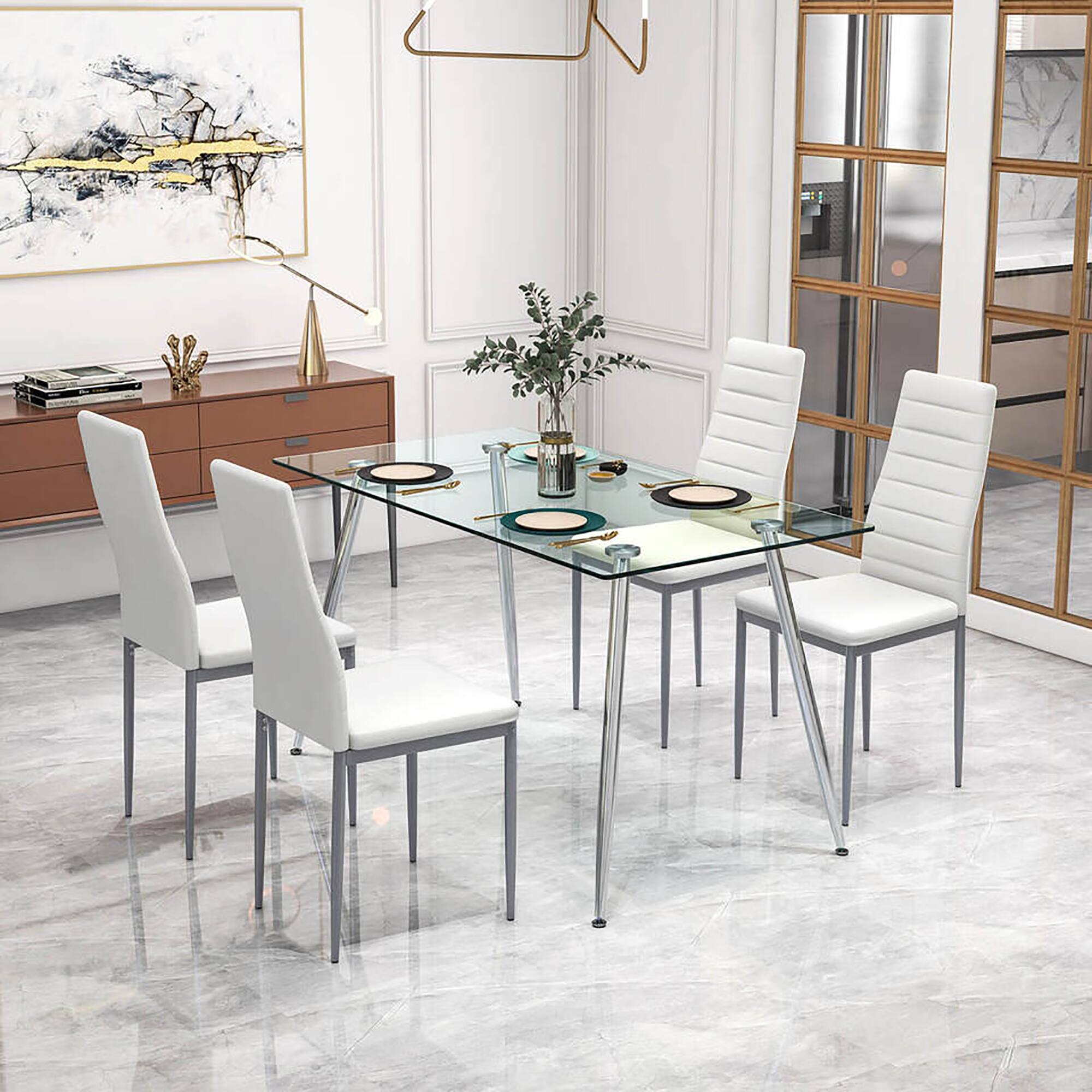 Alt View 3. Gymax - Gymax 5 PCS 51'' Rectangle Dining Set 0.3'' Thick Glass Table w/ 4 Padded Dining Chairs - Silver, White.