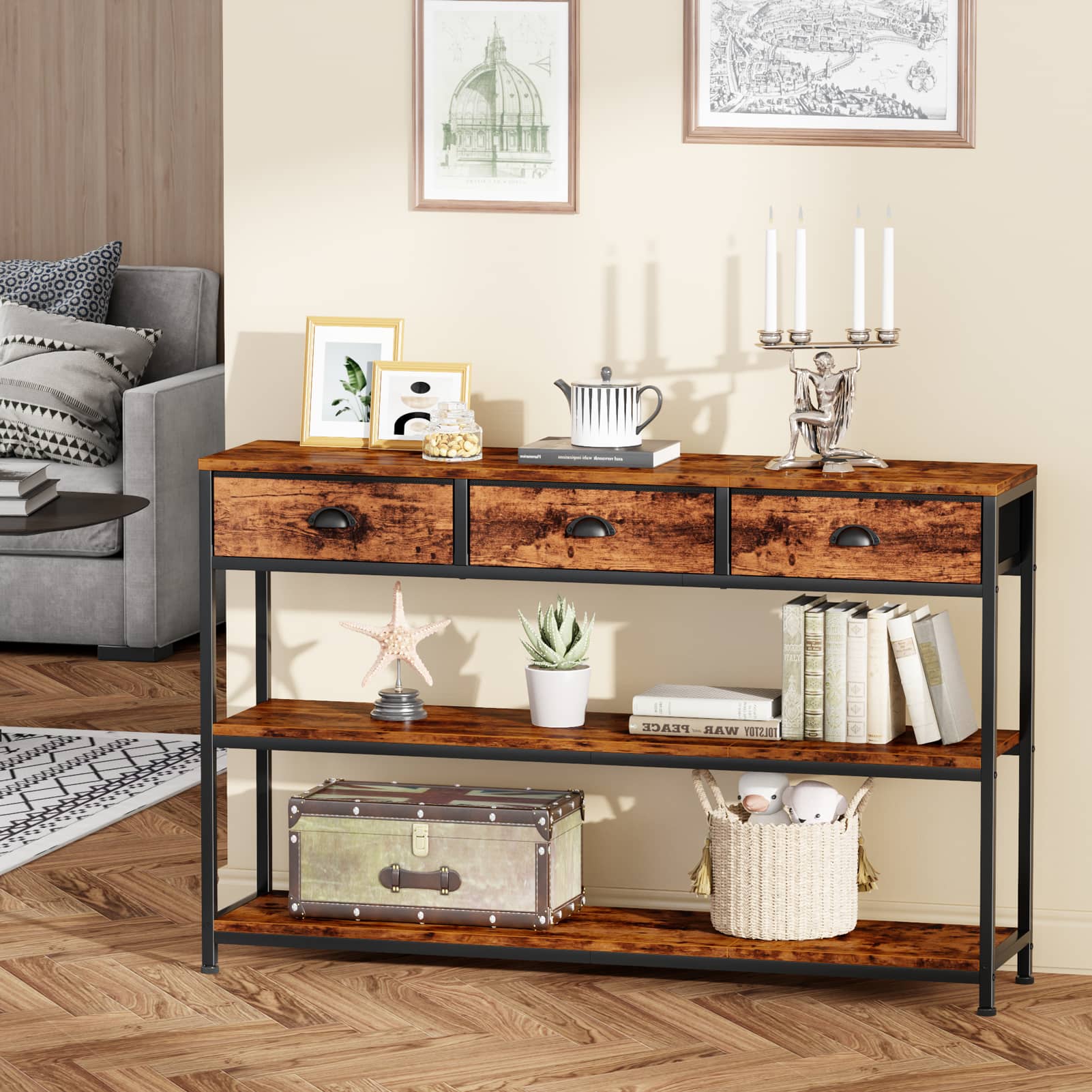 Furnulem - 47 In Console Table with Metal Frame 3 Fabric Drawers 2 Open Shelves Sofa Entryway Table for Living Room and Hallway - Brown