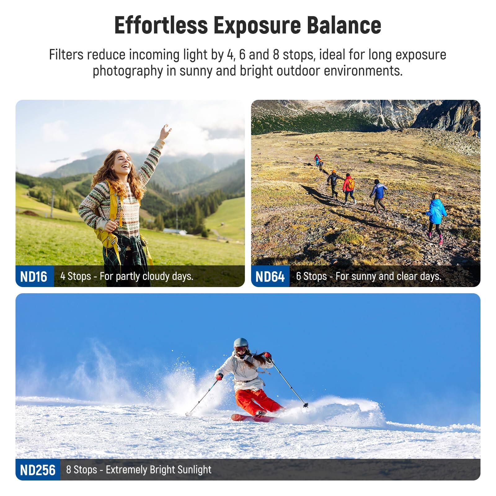 Effortless Exposure Balance

Filters reduce incoming light by 4, 6 and 8 stops, ideal for long exposure photography in sunny and bright outdoor environments.

- ND16 4 Stops - For partly cloudy days.
- ND64 6 Stops - For sunny and clear days.
- ND256 8 Stops - Extremely Bright Sunlight