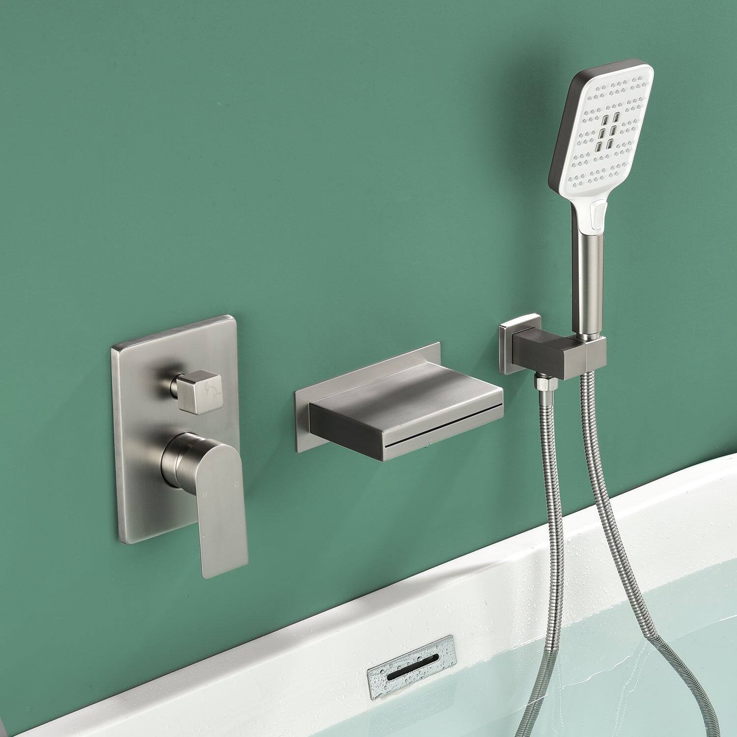 Alt View 5. Boyel Living - Brushed Bathtub Faucet 2-Function Brass Pressure Balance Valve 3-Function Hand Shower 1.5m SUS304 Hose - Brushed Nickel.