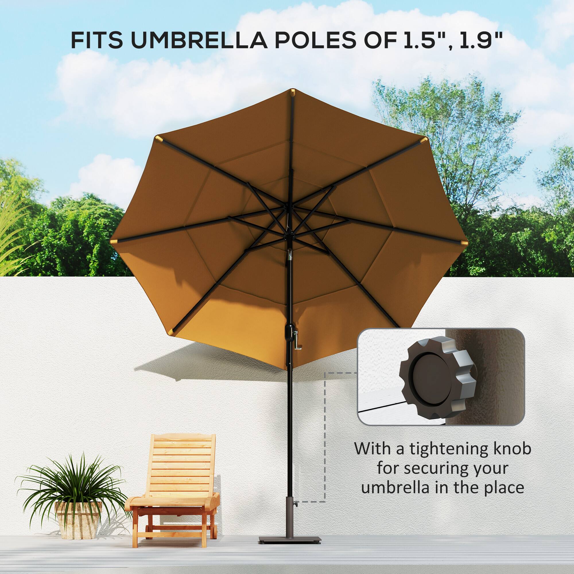 FITS UMBRELLA POLES OF 1.5", 1.9" With a tightening knob for securing your umbrella in the place