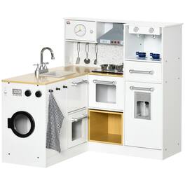 Ecooso - Wooden Pretend Play Kitchen Set with Sound Effects, Washing Machine, and Imaginative Restaurant Toy for Ages 3-6 - White