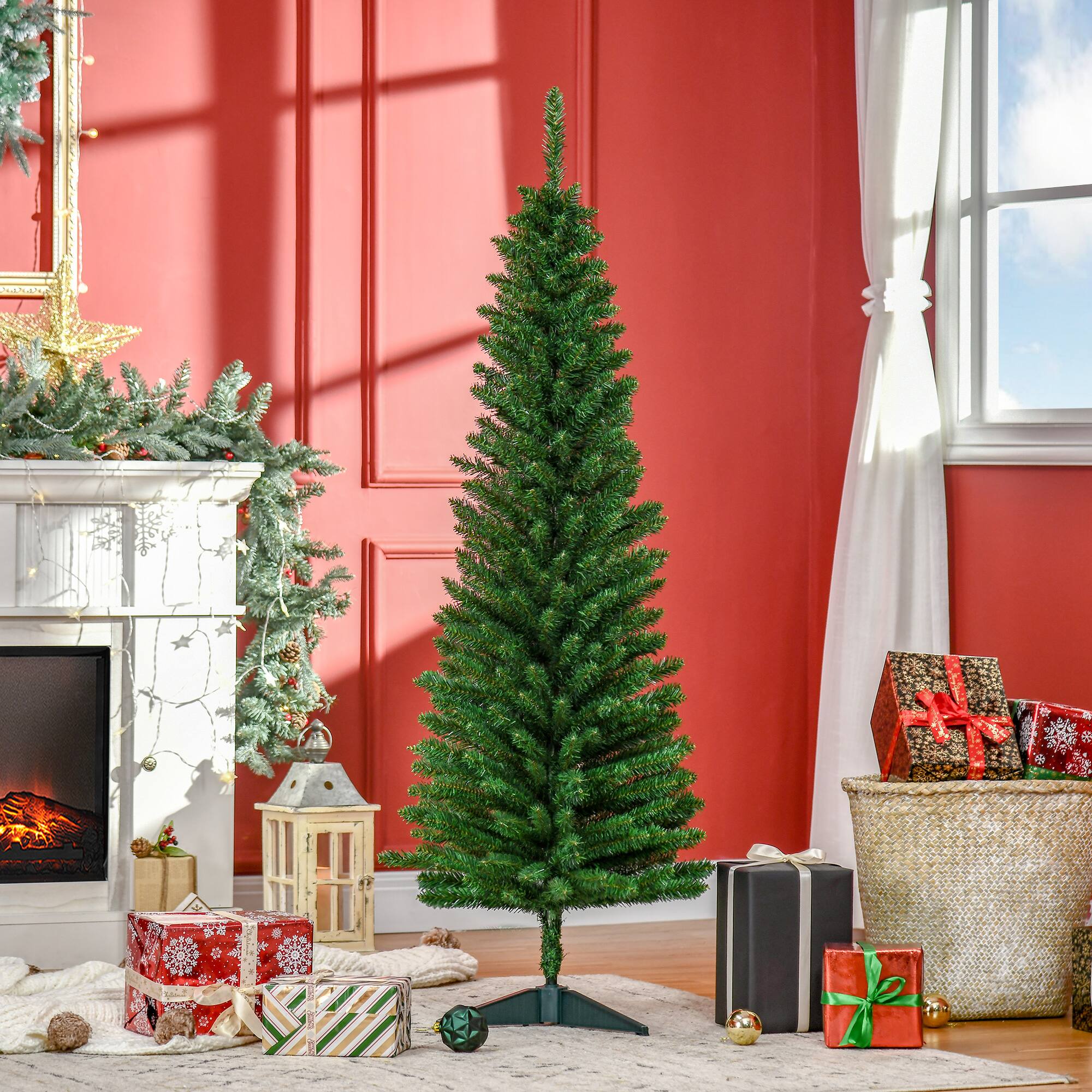 Alt View 1. Homcom - Artificial Pencil Christmas Tree, Slim Xmas Tree with 294 Realistic Branch Tips and Plastic Stand - green.