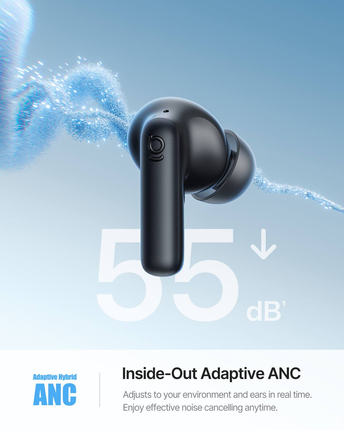 55 dB' Adaptive Hybrid Inside-Out Adaptive ANC ANC Adjusts to your environment and ears in real time. Enjoy effective noise cancelling anytime.