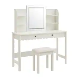 Emmeline Scalloped Makeup Vanity Desk With LED Mirror and Stool by Modway - White Ivory