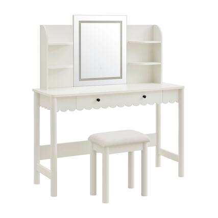 Front. Modway - Emmeline Scalloped Makeup Vanity Desk With LED Mirror and Stool by Modway - White Ivory.