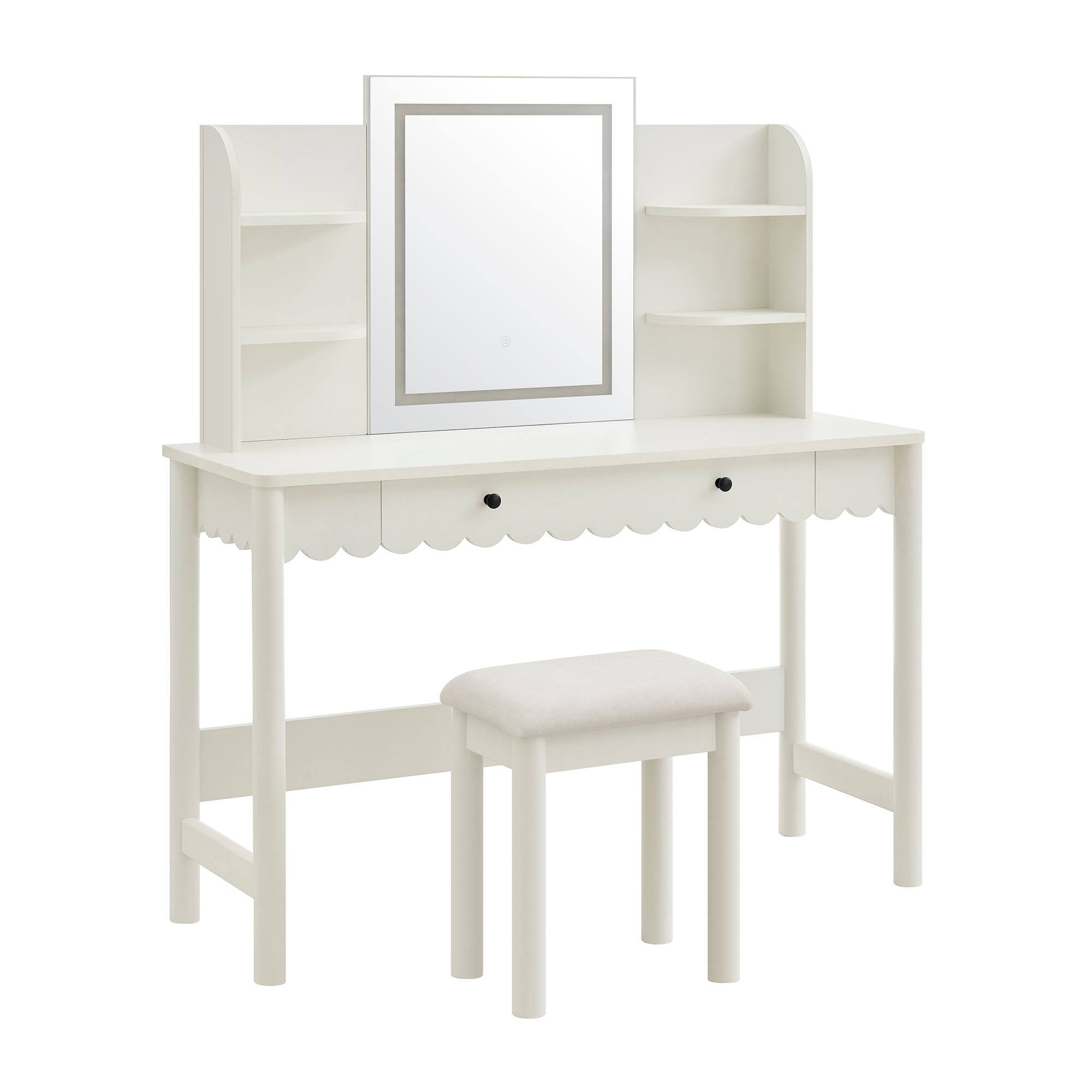 Front. Modway - Emmeline Scalloped Makeup Vanity Desk With LED Mirror and Stool by Modway - White Ivory.