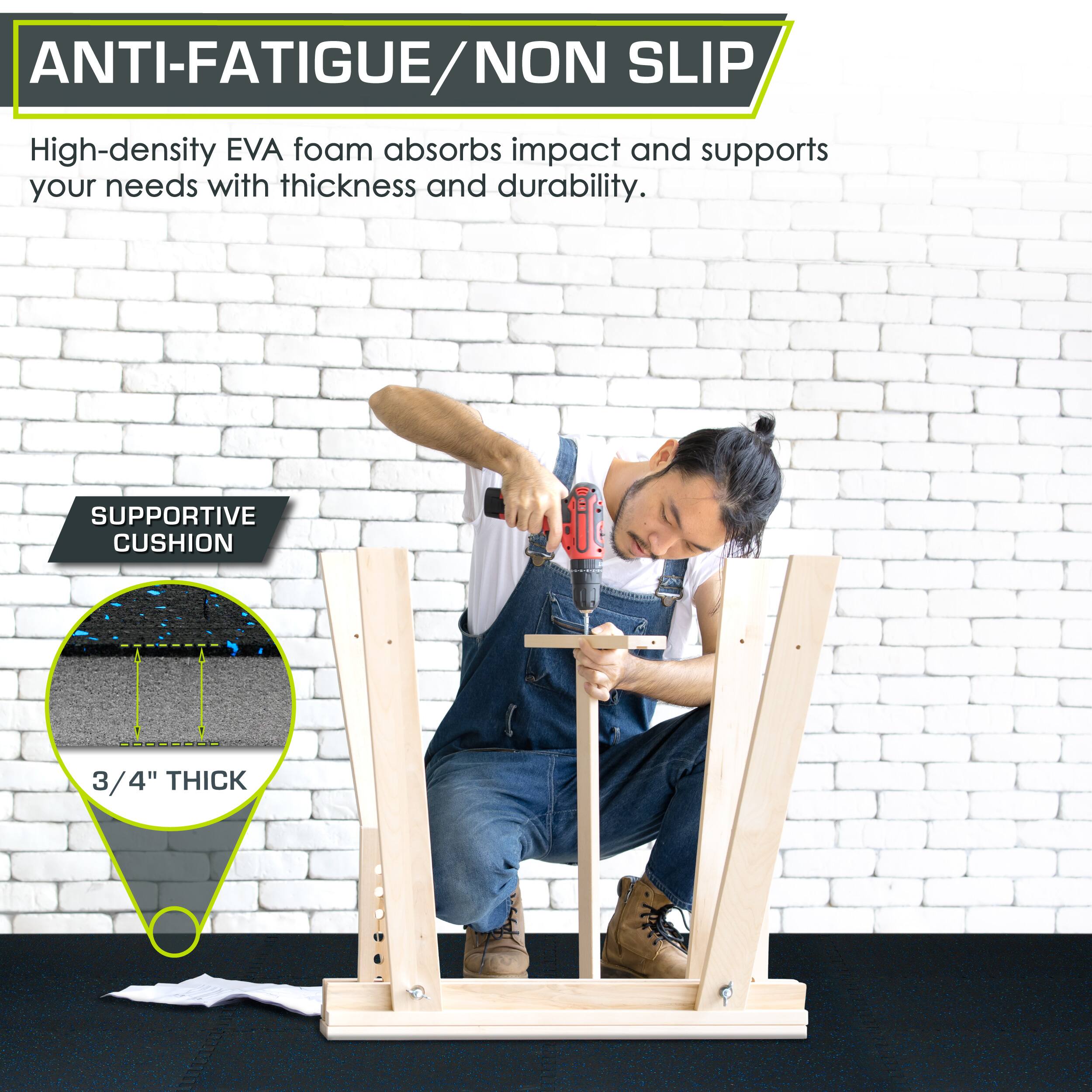 The text in the image can be grouped and corrected as follows:

**Title:**
- "ANTI-FATIGUE/NON SLIP"

**Description:**
- "High-density EVA foam absorbs impact and supports your needs with thickness and durability."

**Feature Highlight:**
- "SUPPORTIVE CUSHION 3/4" THICK"

This text highlights the product's anti-fatigue and non-slip features, emphasizing the high-density EVA foam's ability to absorb impact and provide support. The cushion is 3/4" thick, ensuring durability and comfort.