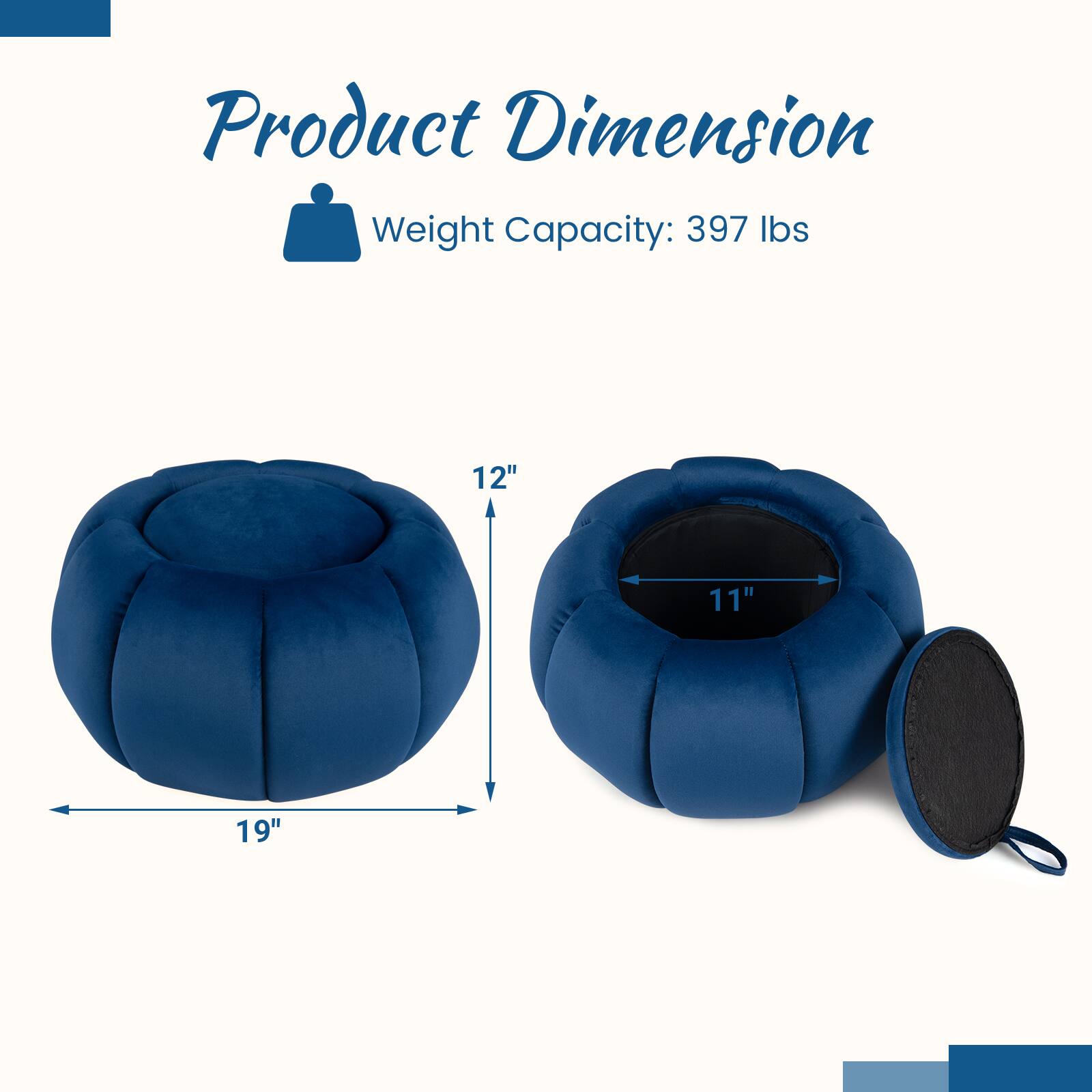 Product Dimension Weight Capacity: 397 lbs

12"  
11"  
19"