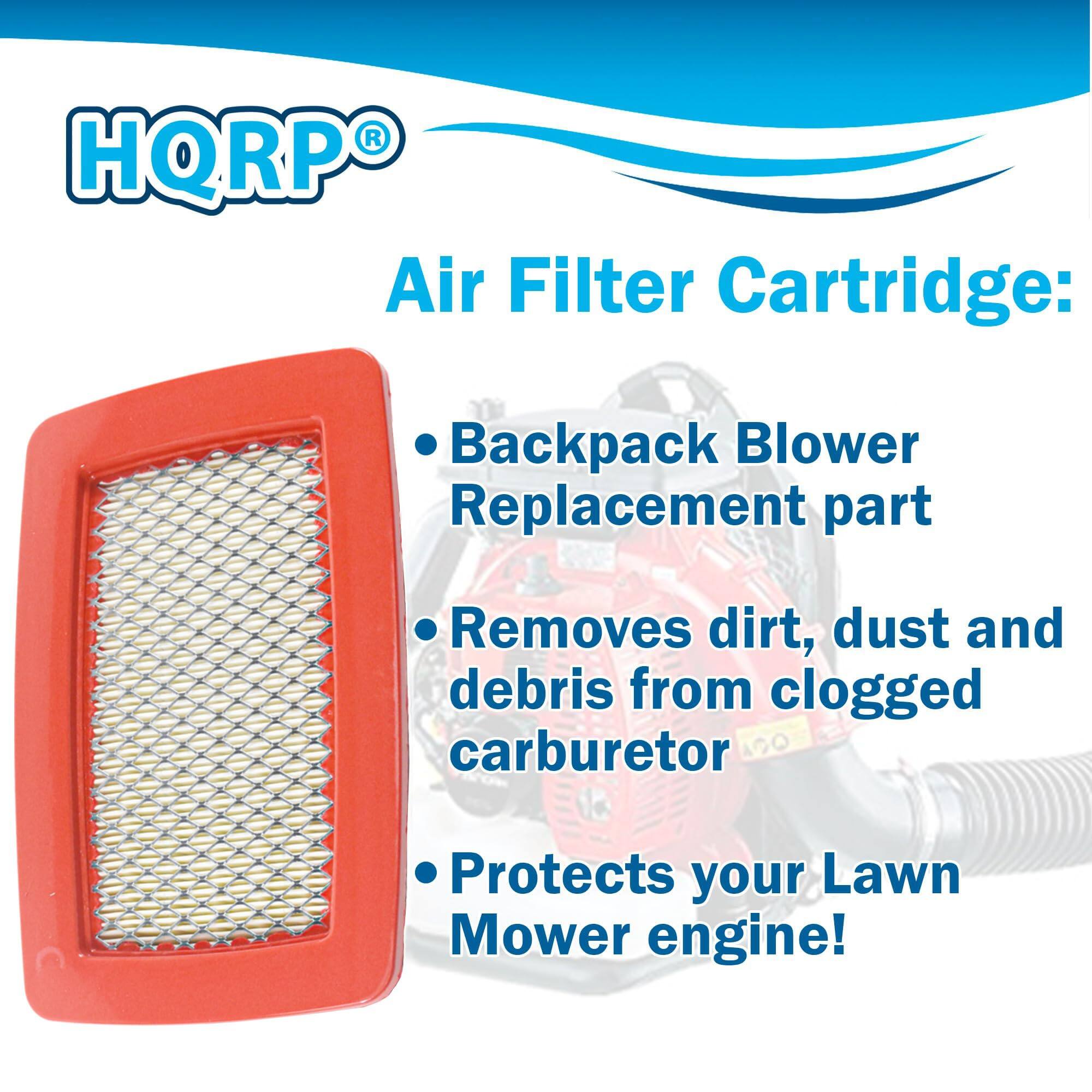 HQRP® Air Filter Cartridge:  
- Backpack Blower Replacement part  
- Removes dirt, dust and debris from clogged carburetor  
- Protects your Lawn Mower engine!