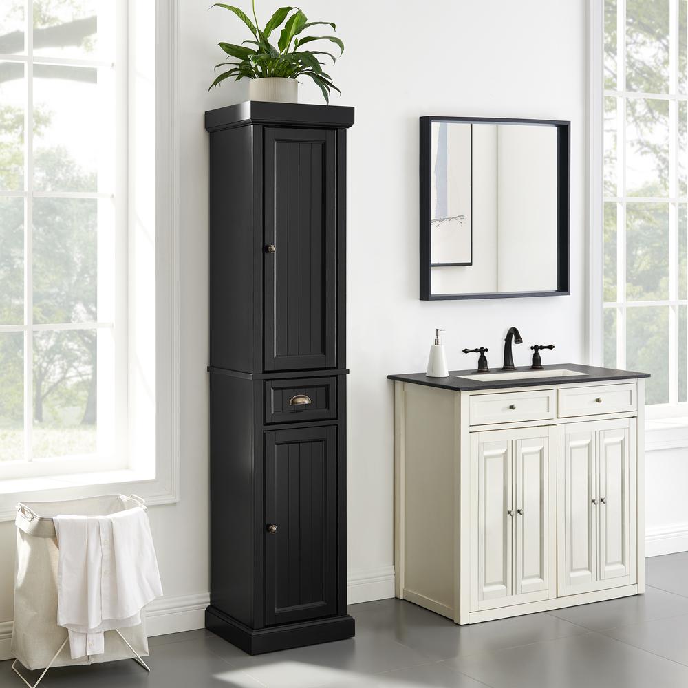 Alt View 6. Crosley Furniture - Seaside Tall Linen Storage Cabinet - Distressed Black.