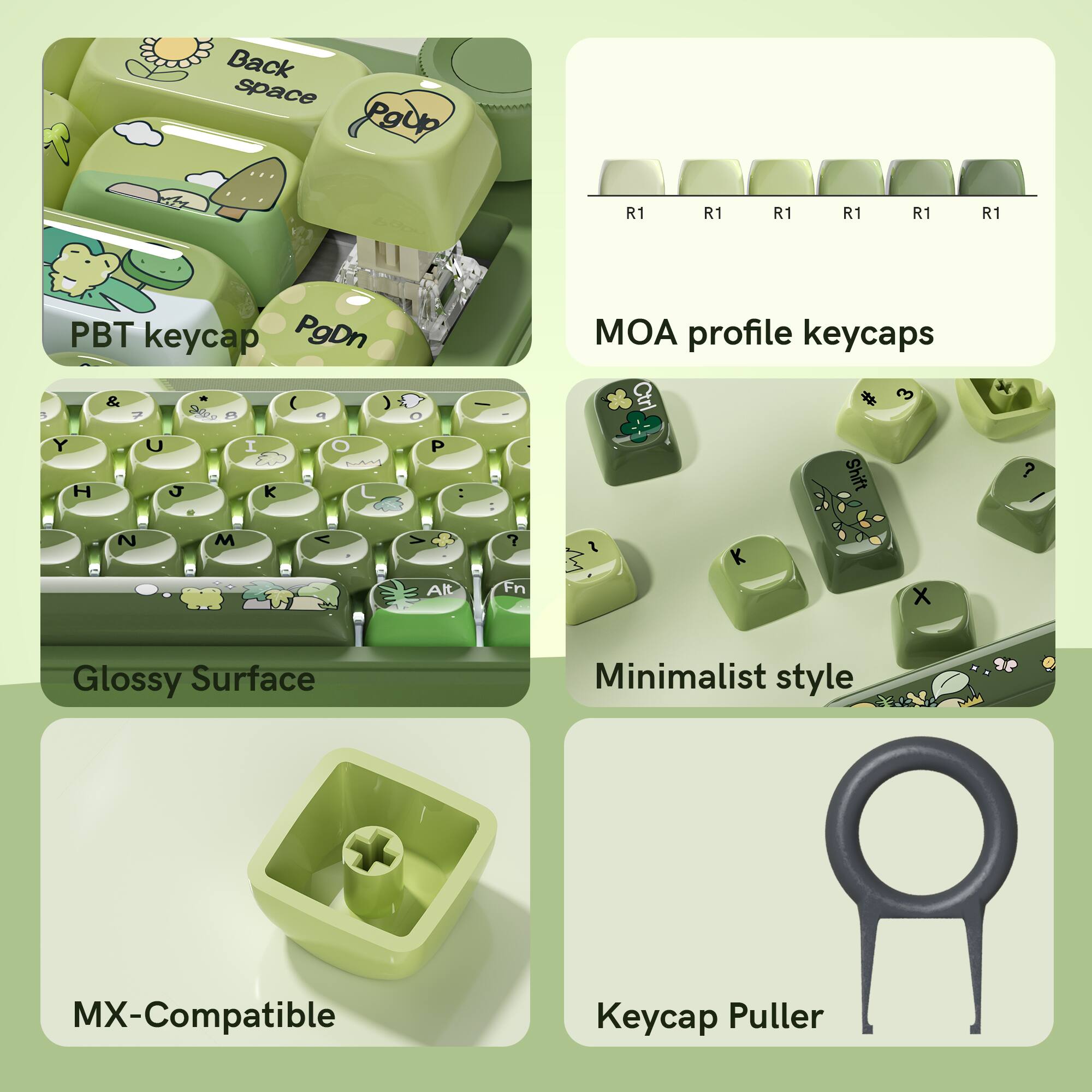 - Back space
- PgUp
- R1 R1 R1 R1 R1 R1
- PBT keycap
- PgDn
- MOA profile keycaps
- Glossy Surface
- Minimalist style
- MX-Compatible
- Keycap Puller

Ctrl
3
x
Y
H
U
J
I
K
P
Shift
?
~
M
V
Alt
Fn