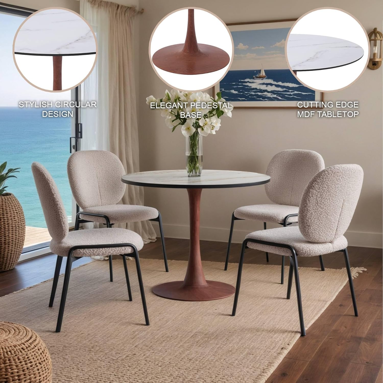 STYLISH CIRCULAR DESIGN  
ELEGANT PEDESTAL BASE  
CUTTING EDGE MDF TABLETOP