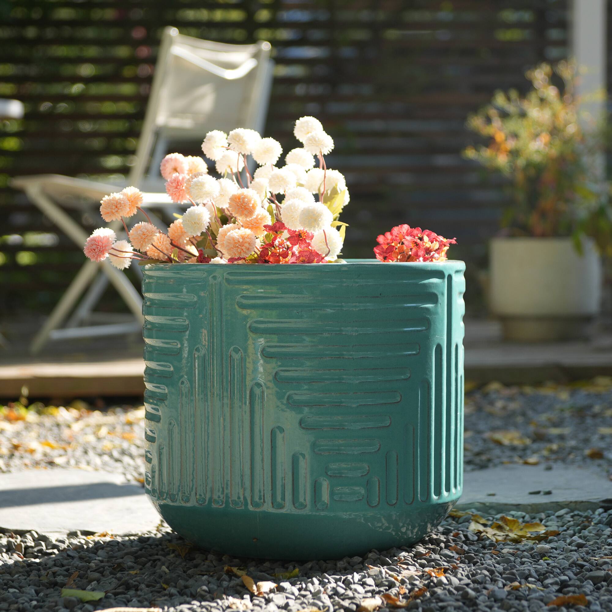 Left. Loheer - Ceramic Planter by Loheer, 16 Inch Handmade Teal Textured Plant Pot for Indoor Outdoor Monstera Fiddle Leaf Fig.