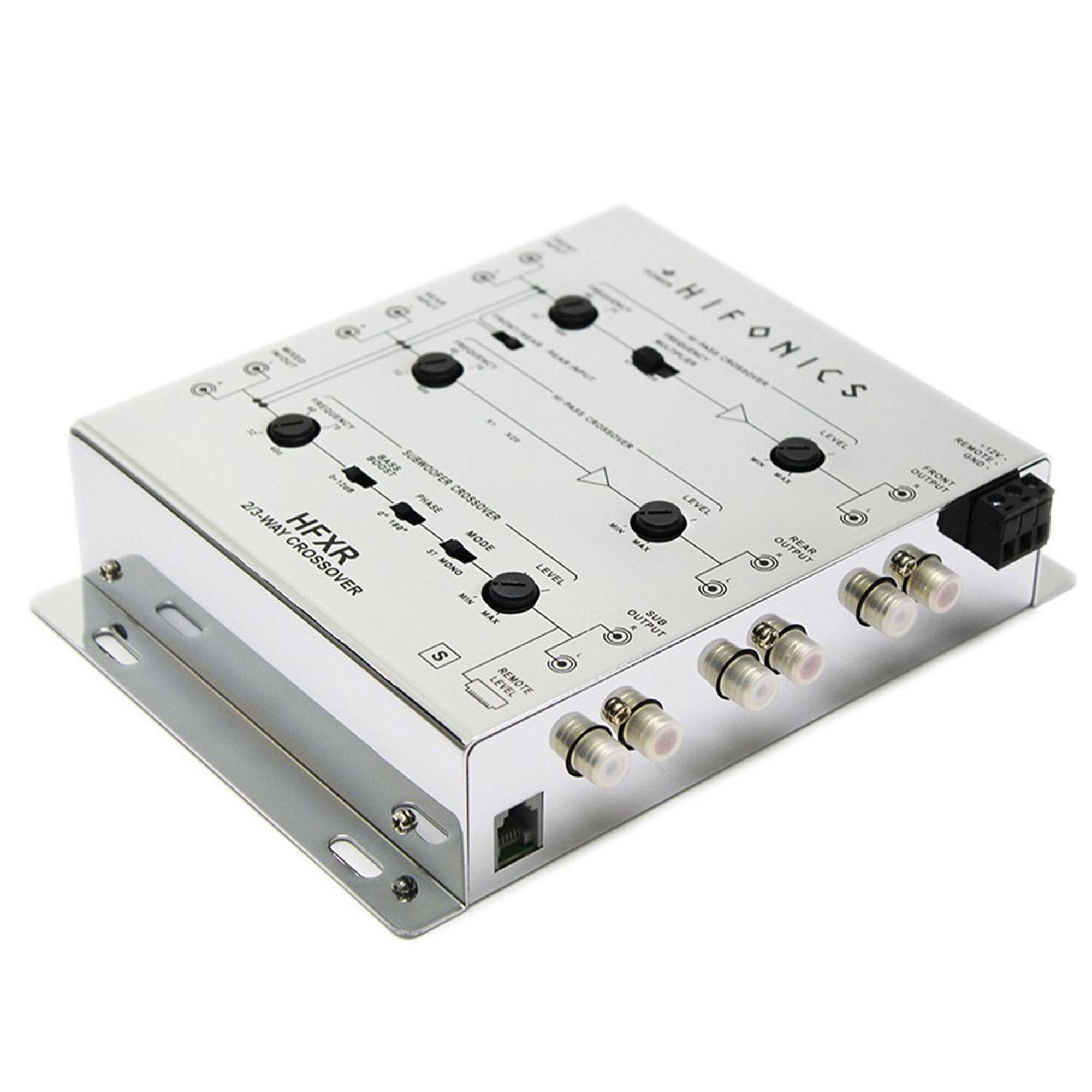 HIFONICS CHOSSONER LEVEL REMOTE BASS SUBWOOFER - 23-WAY PHASE CROSSOVER LEVEL 1P - K MODE .L REAR CROSSOVER AOAO - LEVEL MAX OUTPUT su S LEVEL REMOTE