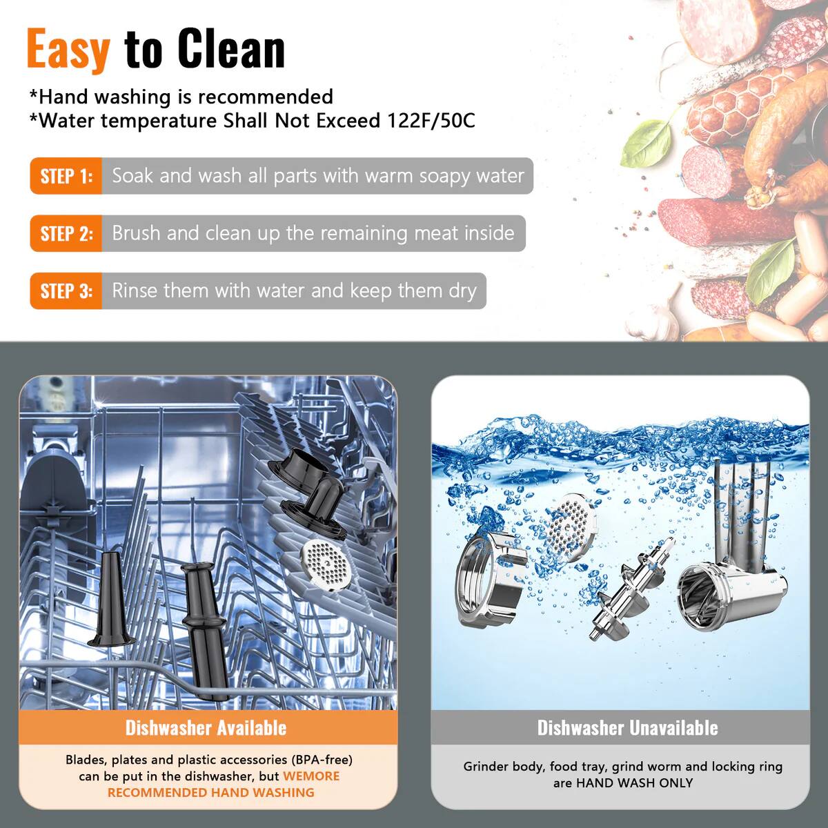 Easy to Clean

*Hand washing is recommended
*Water temperature Shall Not Exceed 122F/50C

STEP 1: Soak and wash all parts with warm soapy water
STEP 2: Brush and clean up the remaining meat inside
STEP 3: Rinse them with water and keep them dry

Dishwasher Available
Blades, plates and plastic accessories (BPA-free) can be put in the dishwasher, but WEMORE RECOMMENDED HAND WASHING

Dishwasher Unavailable
Grinder body, food tray, grind worm and locking ring are HAND WASH ONLY