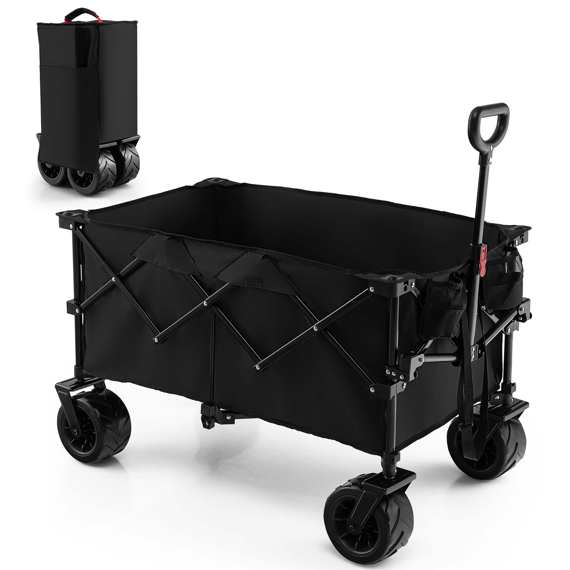 Front. Costway - Folding Collapsible Wagon Utility Garden Cart w/ Wide Wheels Adjustable Handle Black - Black.