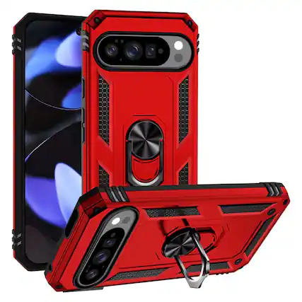Front. Kitcheniva - Dual Layer Case Ring Holder Magnetic Kickstand Phone Cover With Tempered Glass For Google Pixel 10/10 Pro Red - Red.