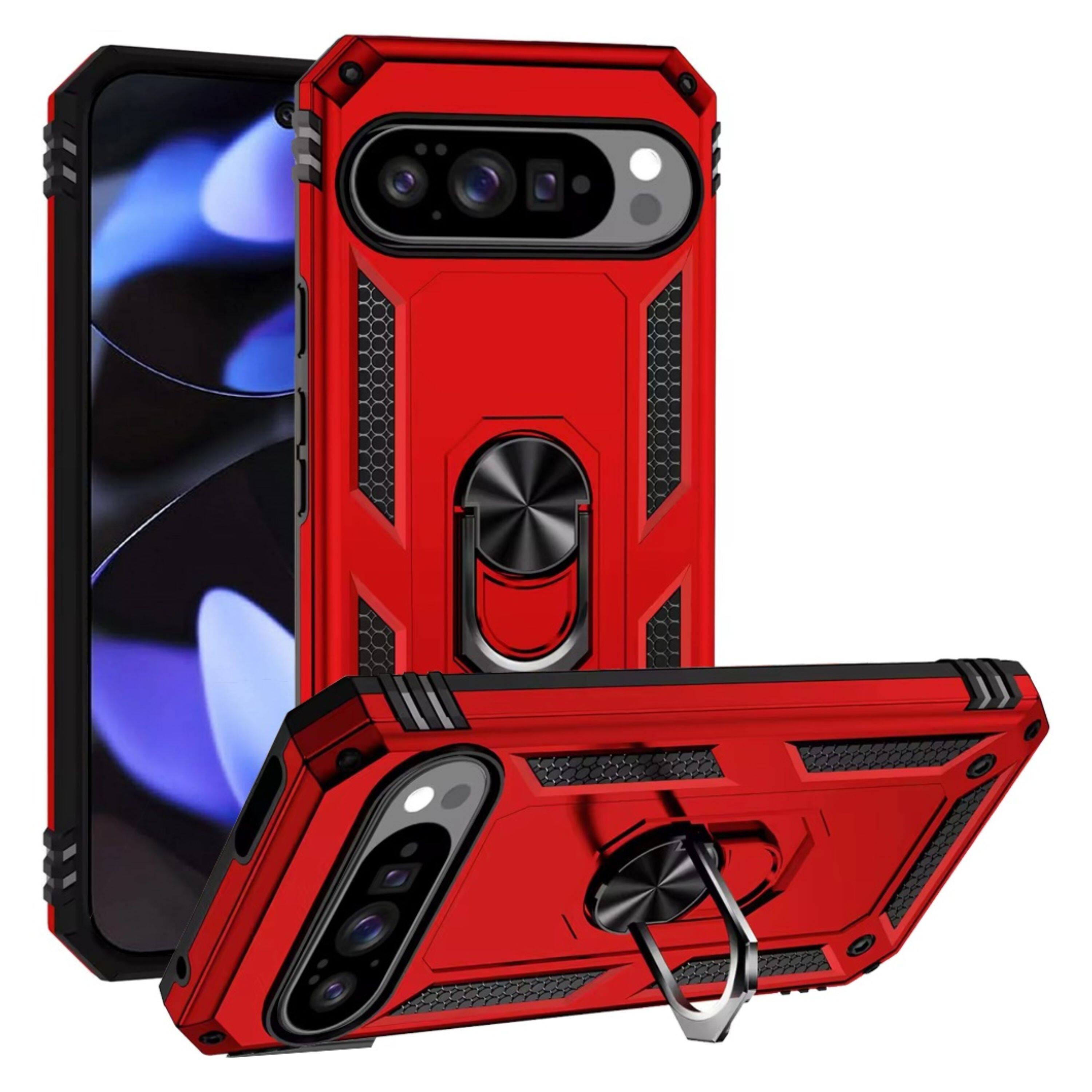 Front. Kitcheniva - Dual Layer Case Ring Holder Magnetic Kickstand Phone Cover With Tempered Glass For Google Pixel 10/10 Pro Red - Red.