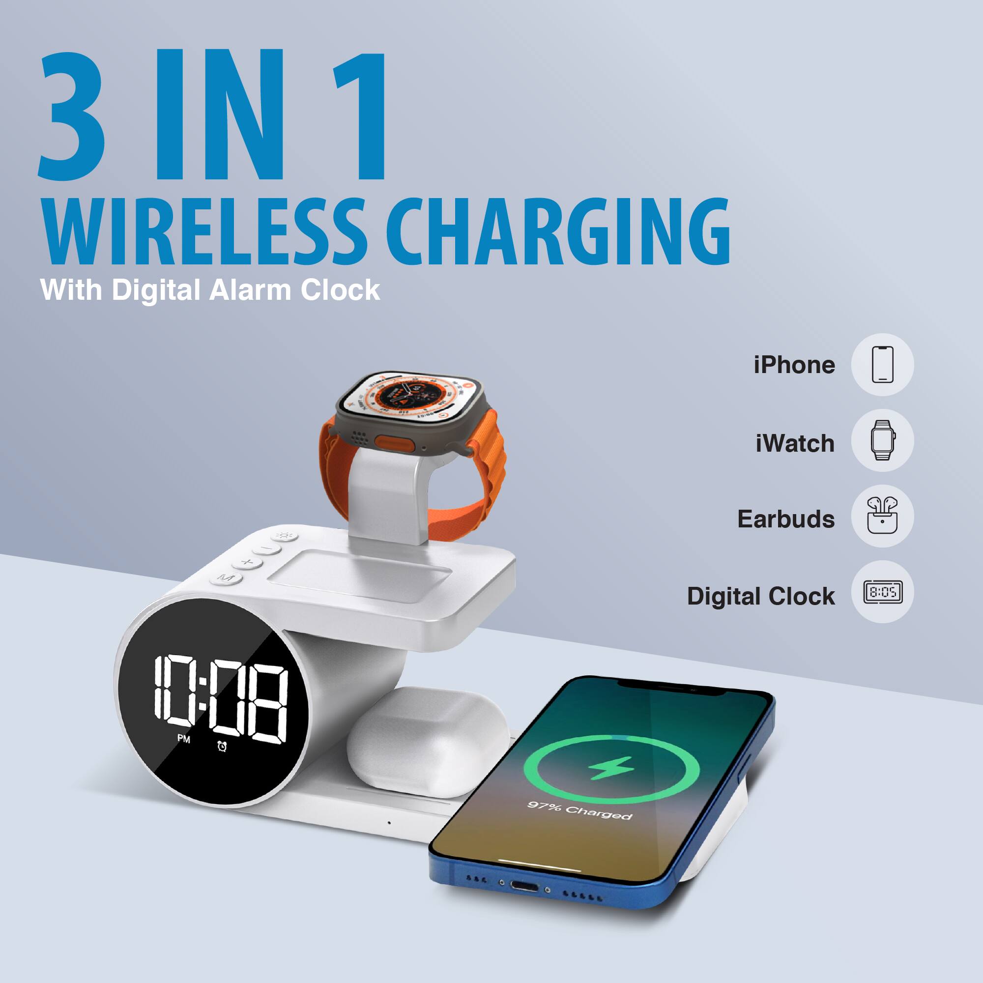 3 IN 1 WIRELESS CHARGING With Digital Alarm Clock iPhone iWatch Earbuds Digital Clock