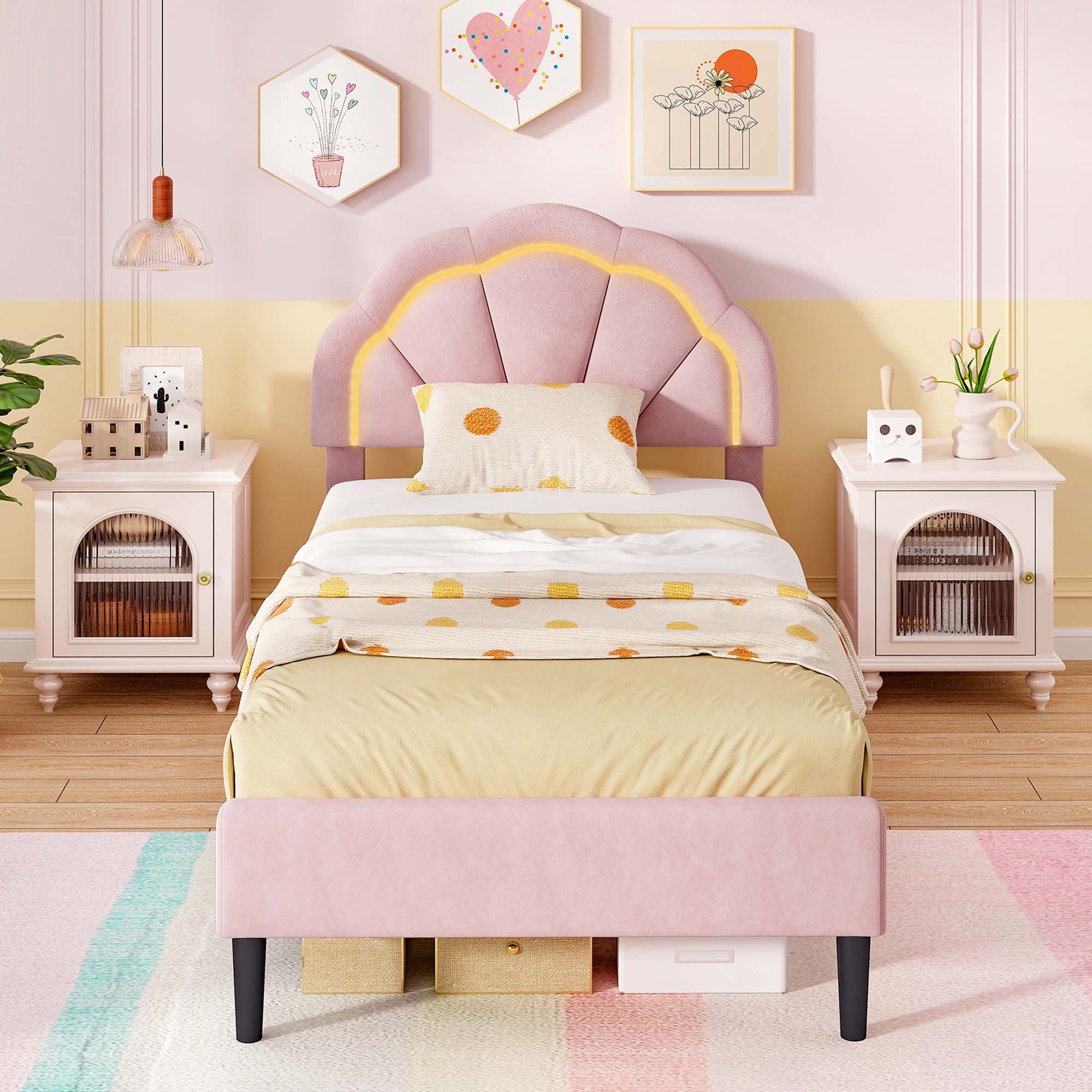 Back. Costway - Twin Size Upholstered LED Bed Frame Soft Velvet Platform Bed with Flower Headboard - Pink.