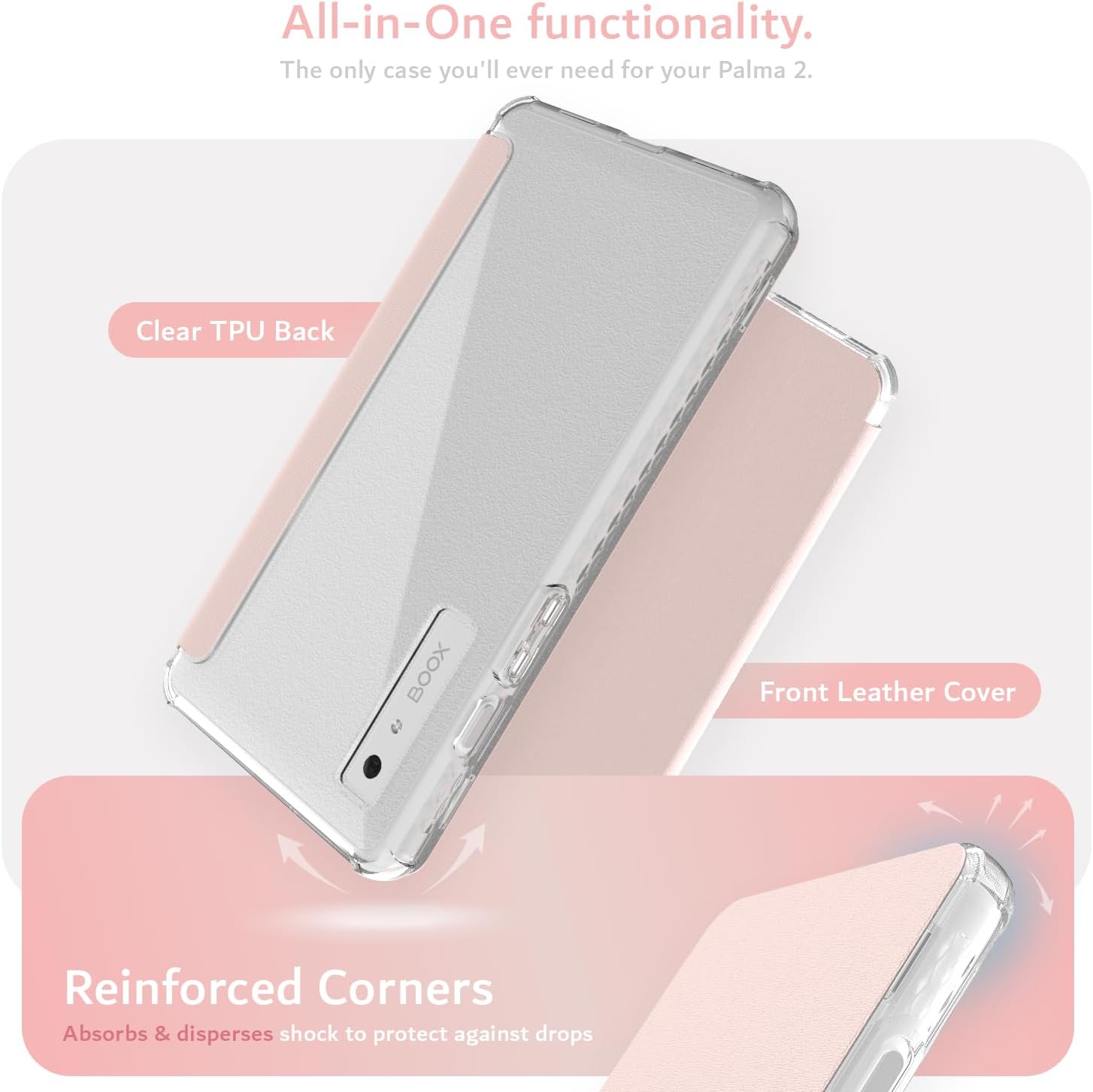 All-in-One functionality.  
The only case you'll ever need for your Palma 2.  

Clear TPU Back  
Front Leather Cover  
Reinforced Corners  
Absorbs & disperses shock to protect against drops