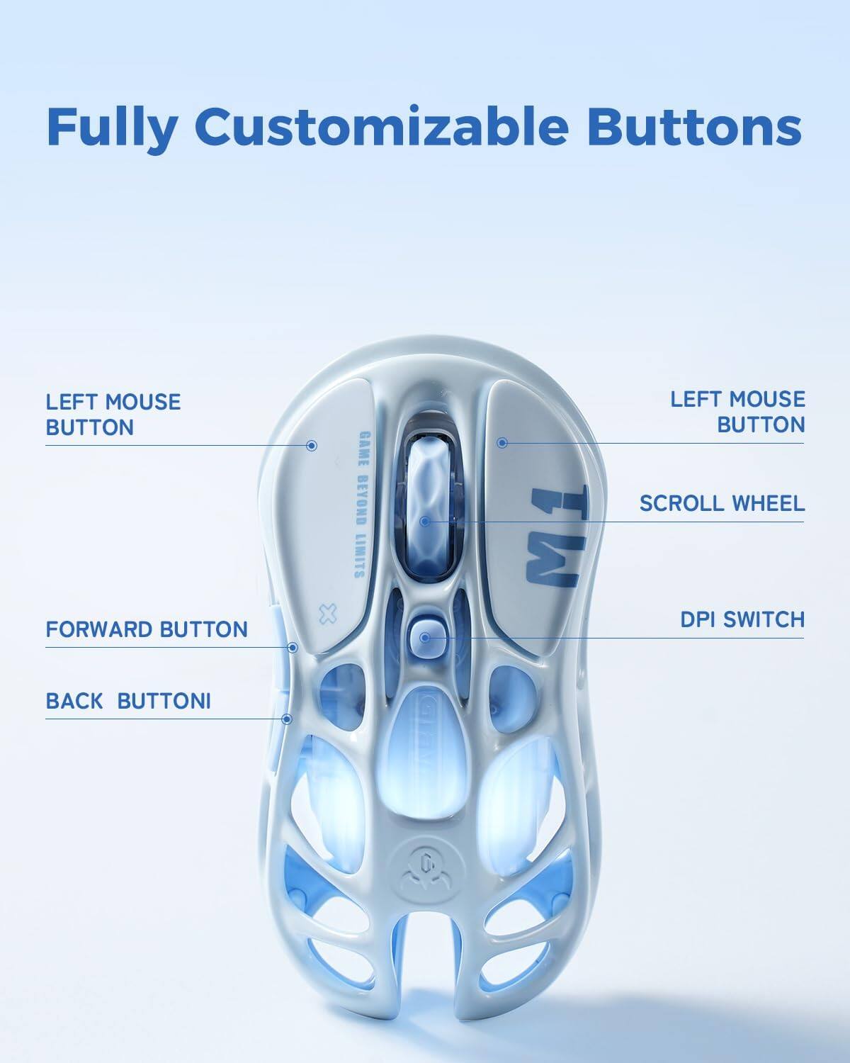 Fully Customizable Buttons

LEFT MOUSE BUTTON
FORWARD BUTTON
BACK BUTTON

LEFT MOUSE BUTTON
SCROLL WHEEL
DPI SWITCH