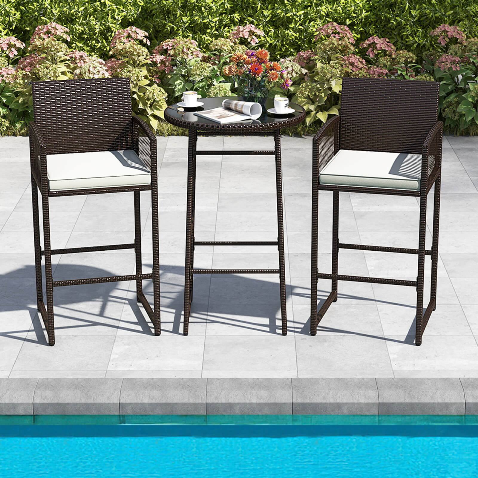 Alt View 4. Costway - Costway 3 Piece Wicker Patio Bar Set with 2 Seat Cushions Glass Tabletop for Backyard - Mix Brown,Off White.