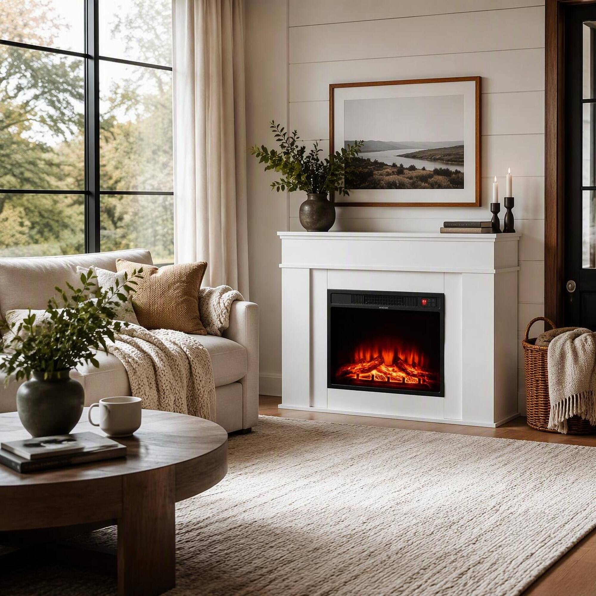 Angle. RYHNUYNE - 43-Inch Freestanding Electric Fireplace with Mantel, 1500W/5120 BTU Heater, Adjustable 3D Flame, Remote & Timer - Black.