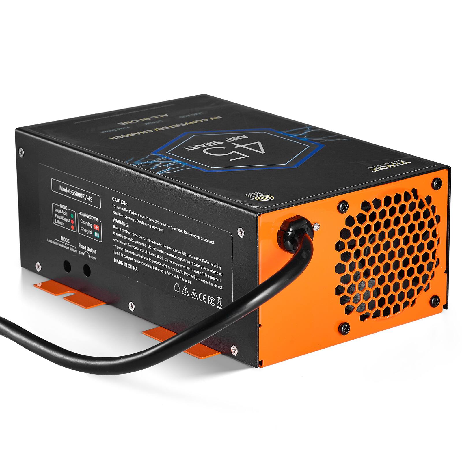 ALL-IN-ONE AC/DC CHARGER CONVERTER/AMP SMART 45  
Model: G5800RV-45  

CAUTION:  
Lead-Acid MODE  
To prevent fire, ventilation openings must not be blocked.  
Do not pick or fire out CHARGESTATUS- openings.  

WARNING:  
Risk of electric shock. Charging compartment may result in fire.  
Do not remove or disconnect terminals.  
Do not overcharge.  

MODE:  
Lead-Acid  
Li-Ion  

CHARGESTATUS:  
Charging  
Fully Charged  

Do not touch terminals or remove components.  
Do not overcharge.  
Do not remove or disconnect terminals.  
Do not overcharge.  

MADE IN CHINA  

2020