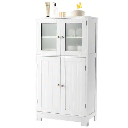 Front. Ecooso - Bathroom Floor Storage Cabinet with Glass Doors and Adjustable Shelf - White.