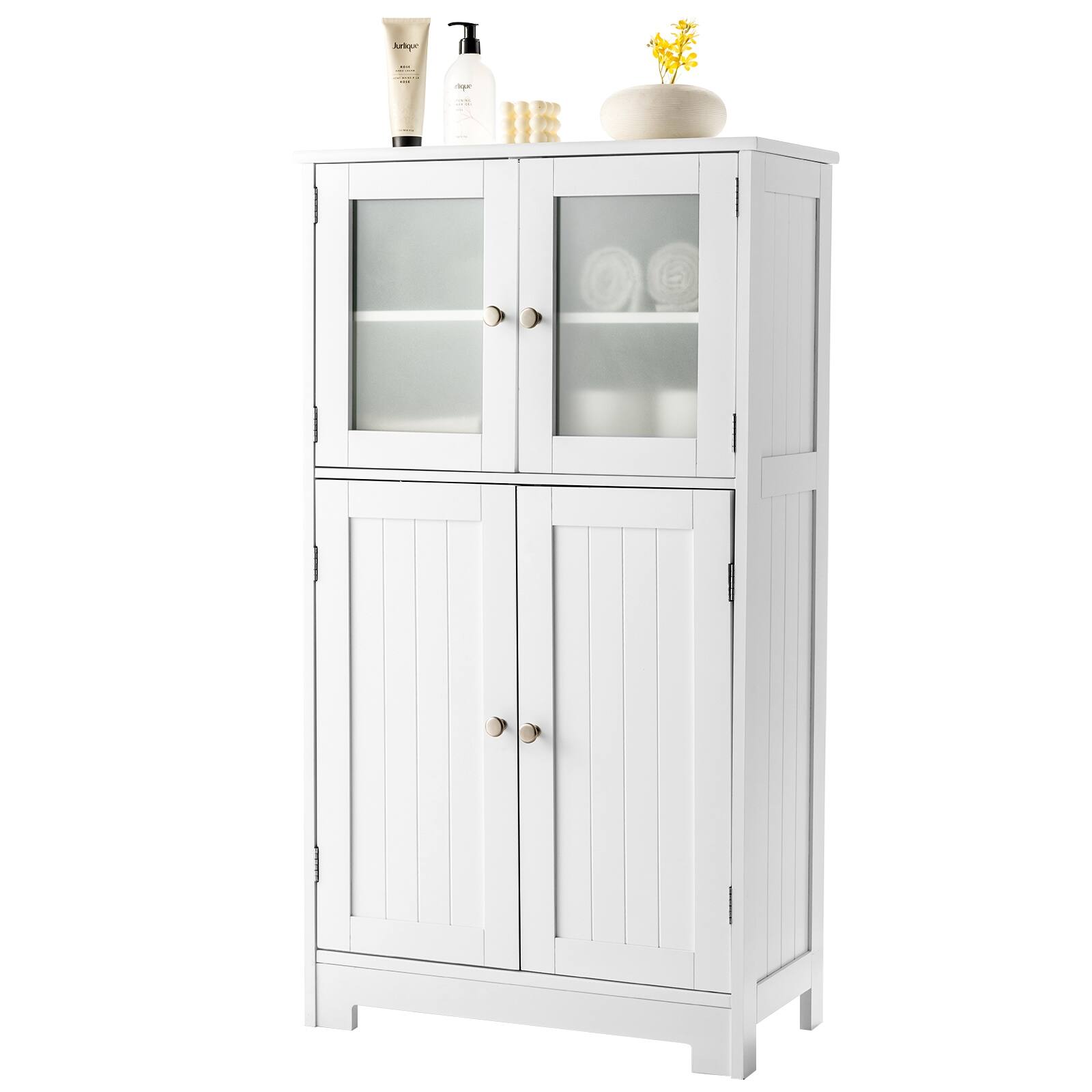 Front. Ecooso - Bathroom Floor Storage Cabinet with Glass Doors and Adjustable Shelf - White.
